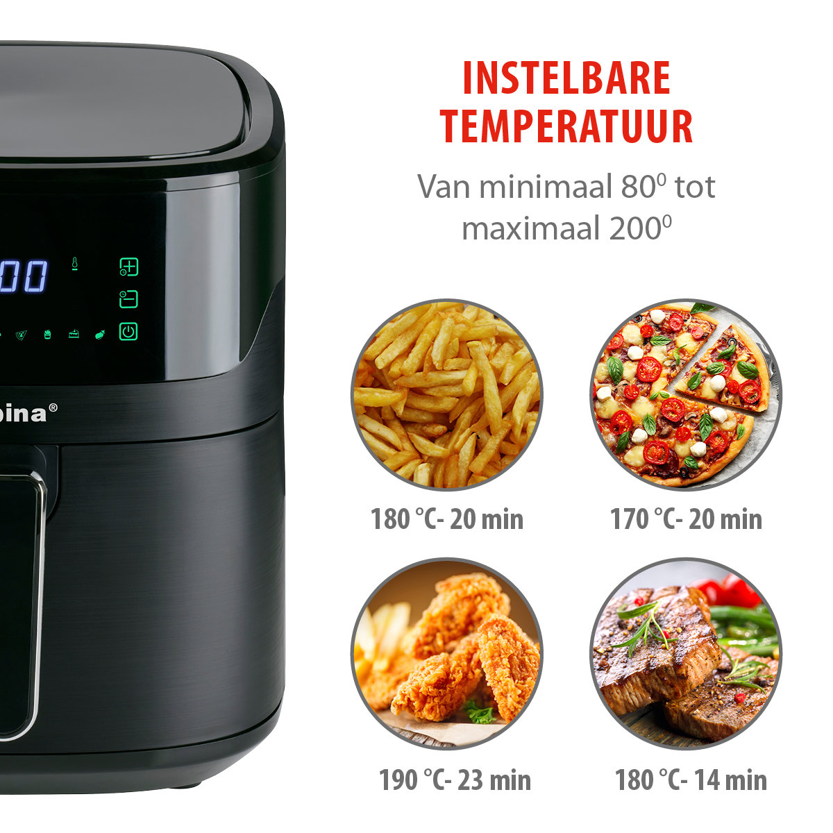 Zwarte airfryer met afbeeldingen van eten: friet, pizza, kip en steak. Temperatuurinstellingen en kooktijden worden weergegeven.