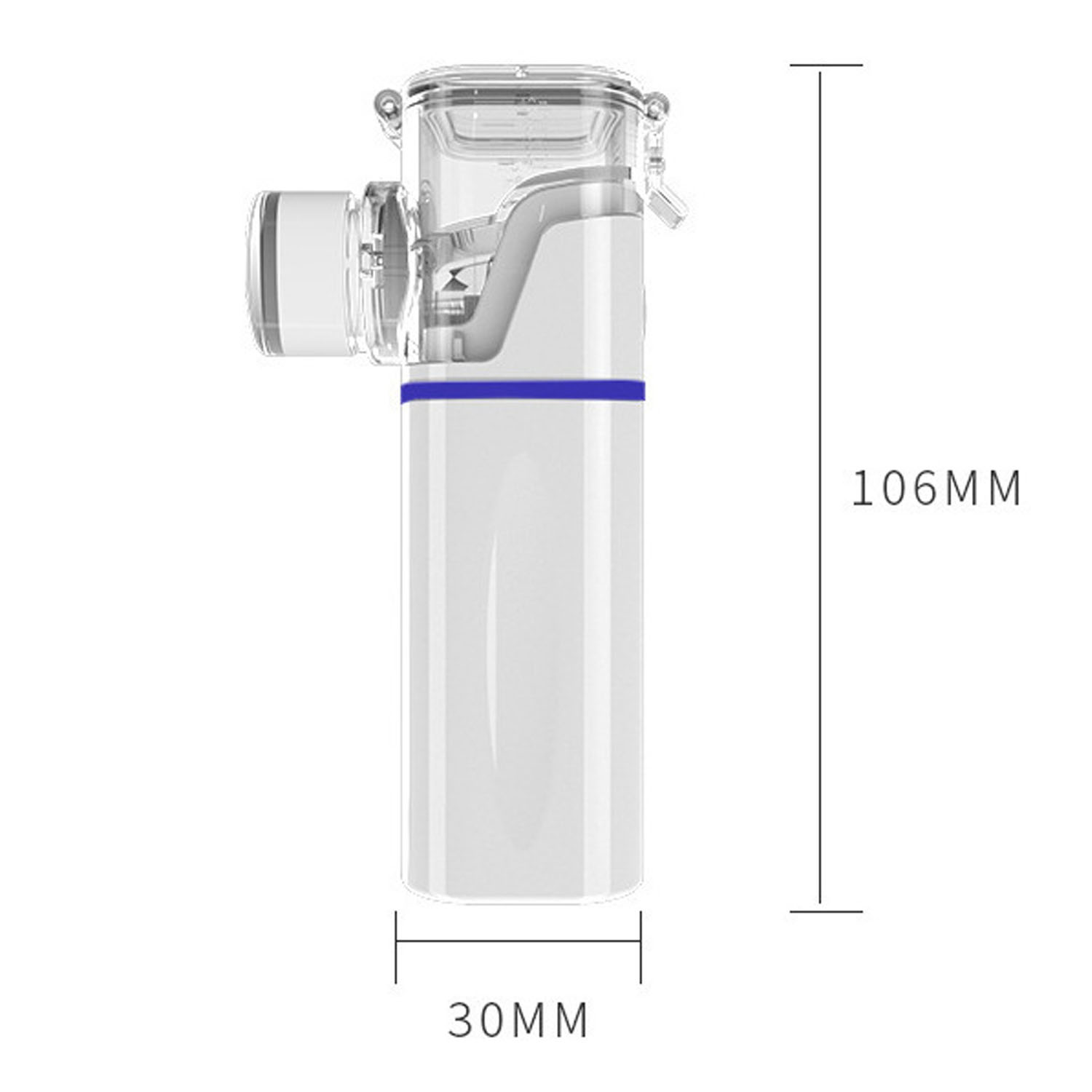 Ein weißer Vernebler mit markierten Abmessungen. Er ist 106 mm hoch und 30 mm breit.