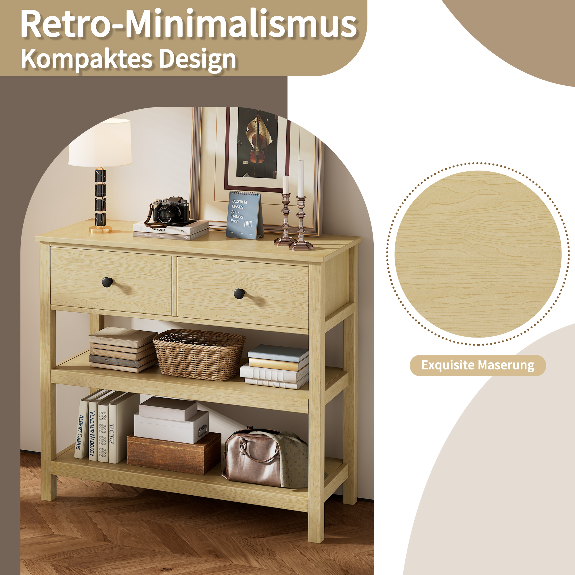 Konsole aus Holz mit zwei Schubladen, Büchern und Dekoration. Enthält eine Lampe, eine Kamera und gerahmte Kunst.