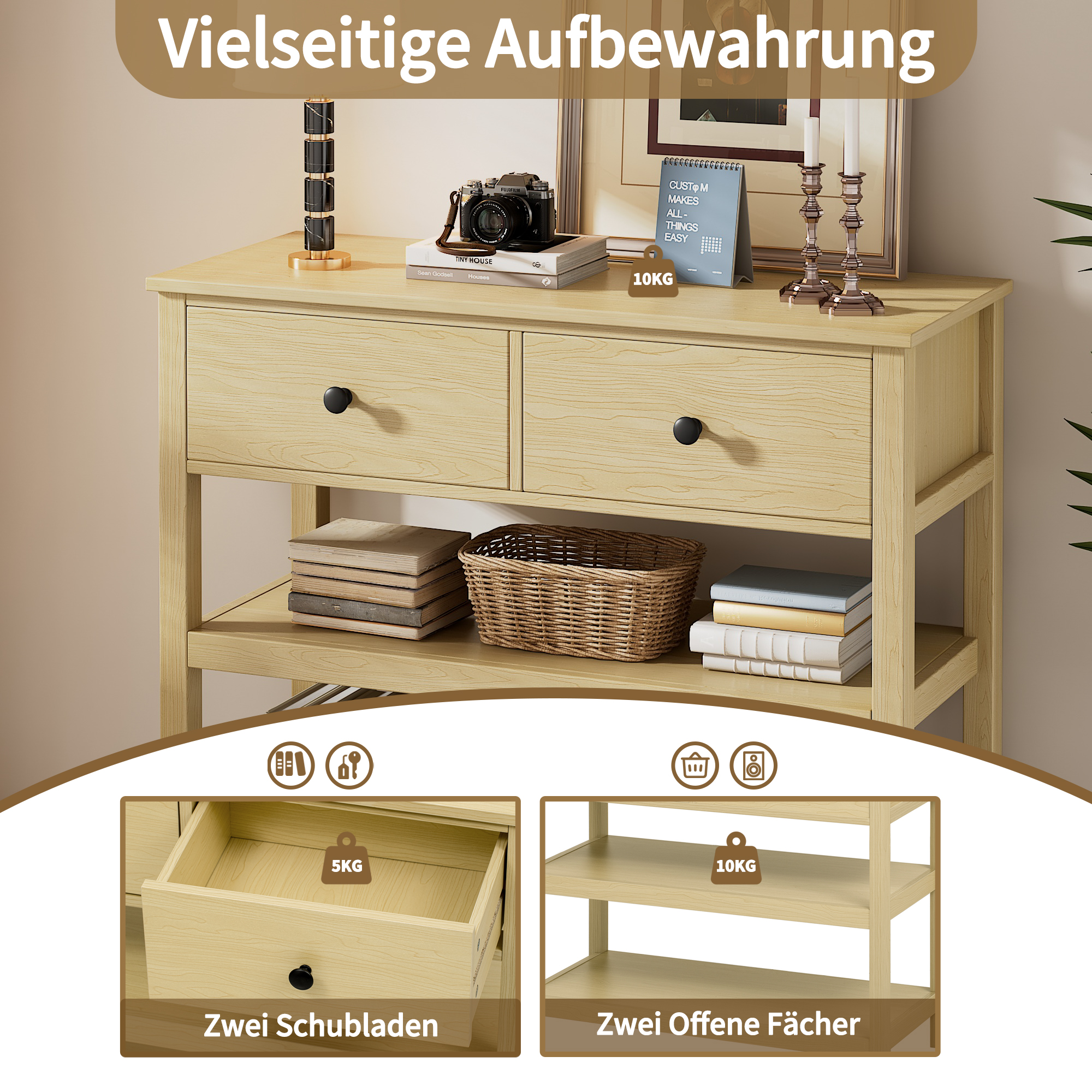 Konsole aus Holz mit Schubladen und offenen Regalen. Das Bild zeigt die Tragfähigkeit für Schubladen und Regale.