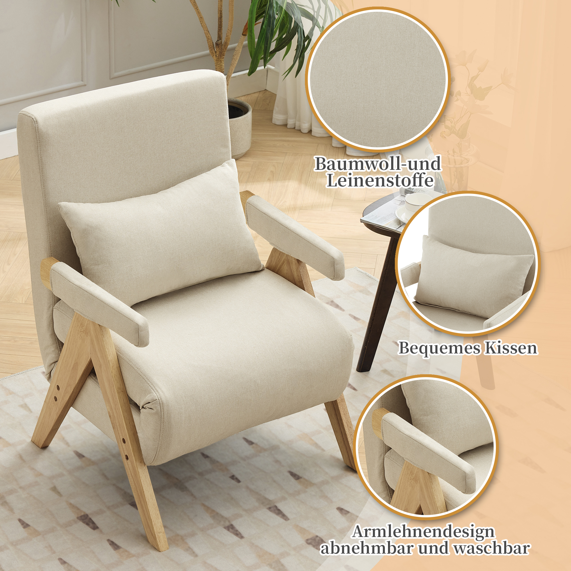 Beiger Sessel mit Holzbeinen und Armlehnen, mit Kissen. Ein kleiner Tisch und ein Teppich sind im Hintergrund.