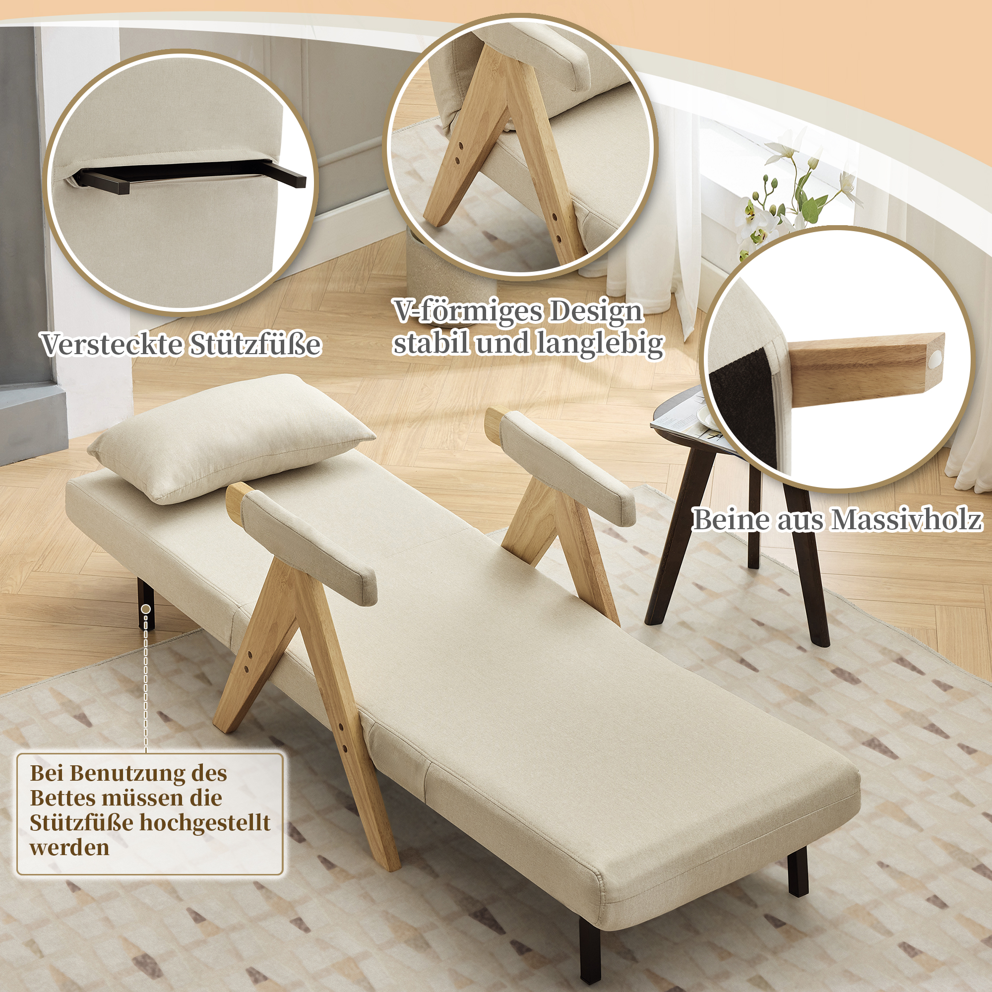 Beige Chaiselongue mit Holzrahmen und versteckten Stützbeinen. V-förmiges Design ist stabil und langlebig.