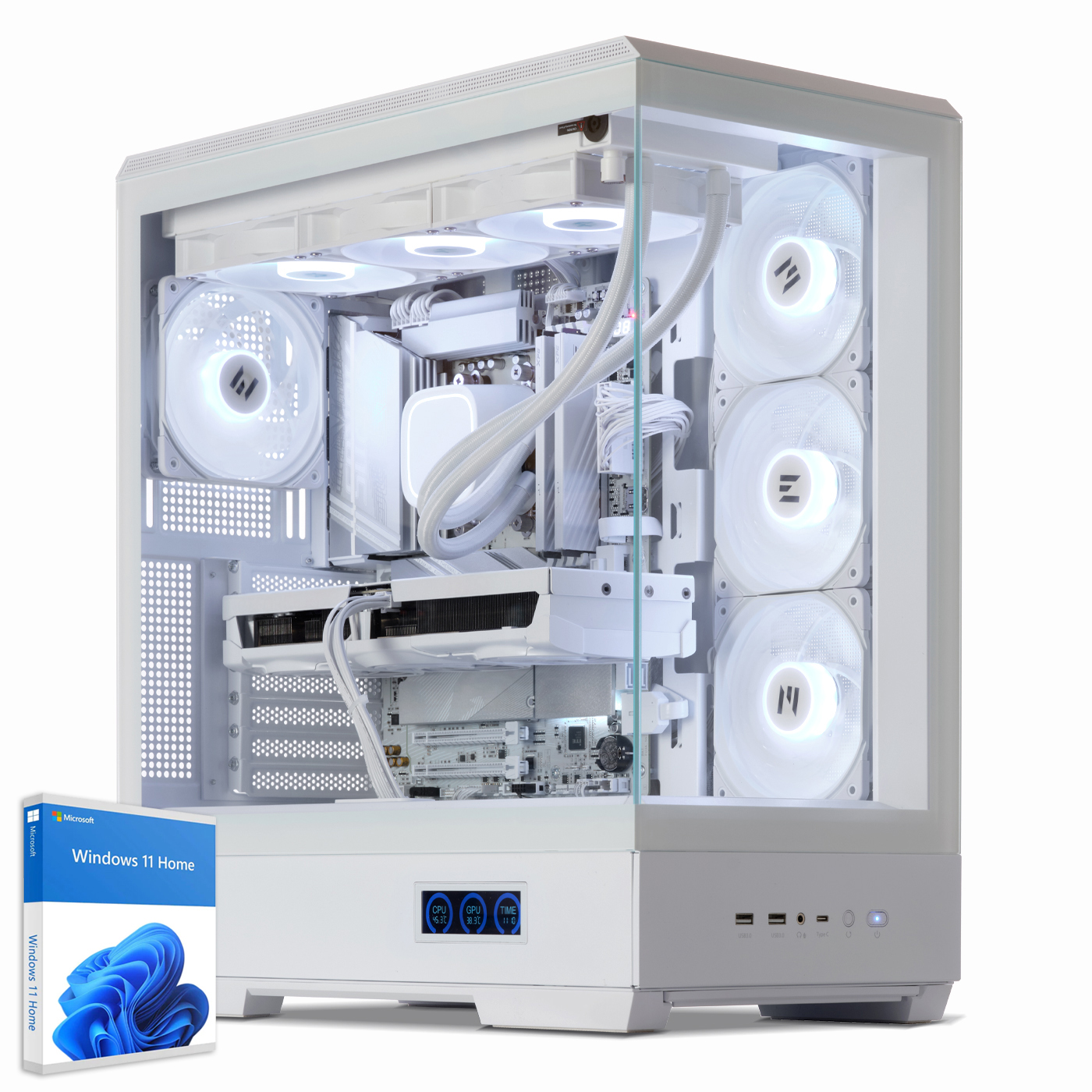 Un case per computer bianco con componenti visibili, una scatola di Windows 11 Home e uno schermo che mostra le letture della temperatura.