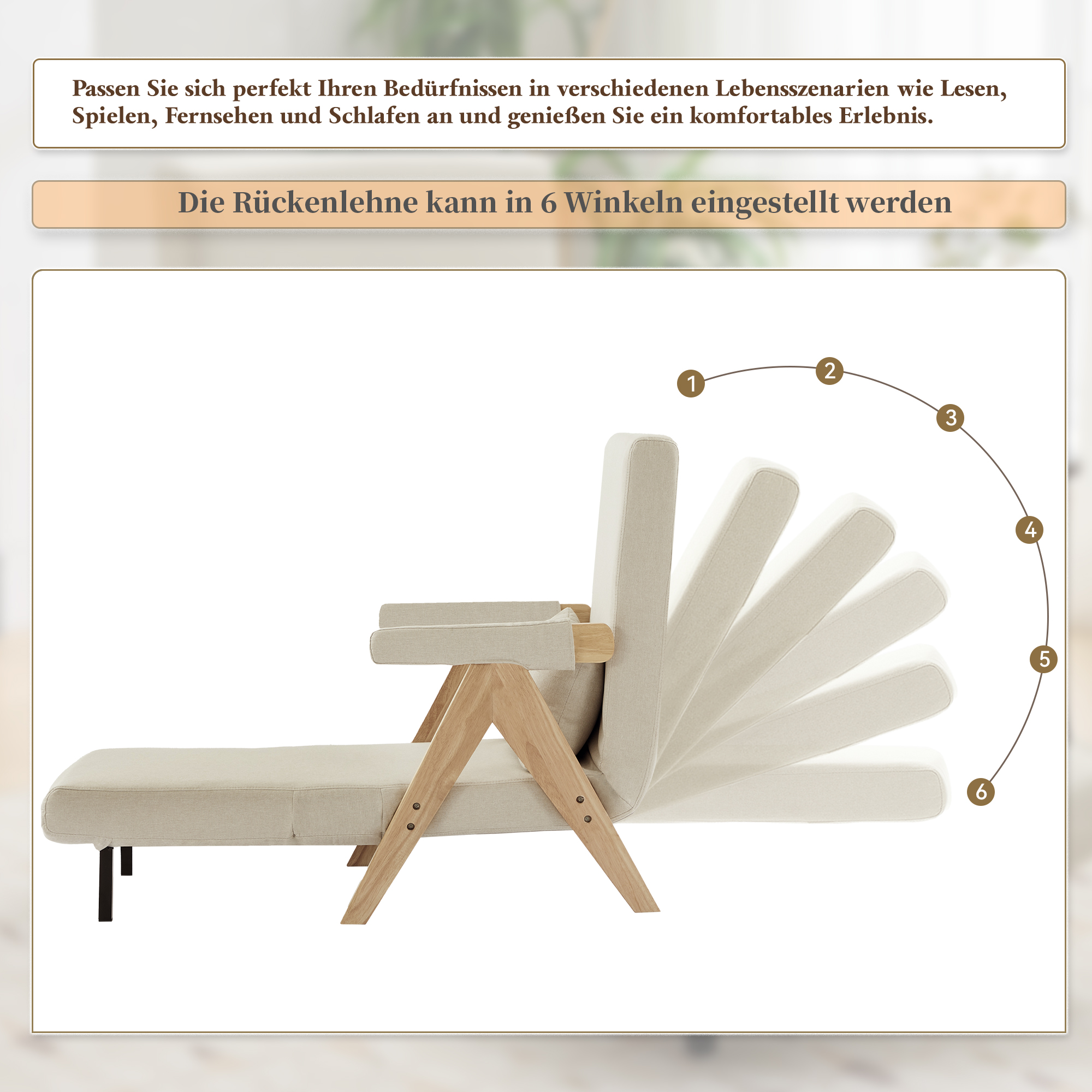 Beiger verstellbarer Stuhl mit Holzrahmen. Die Rückenlehne ist in 6 Positionen einstellbar.