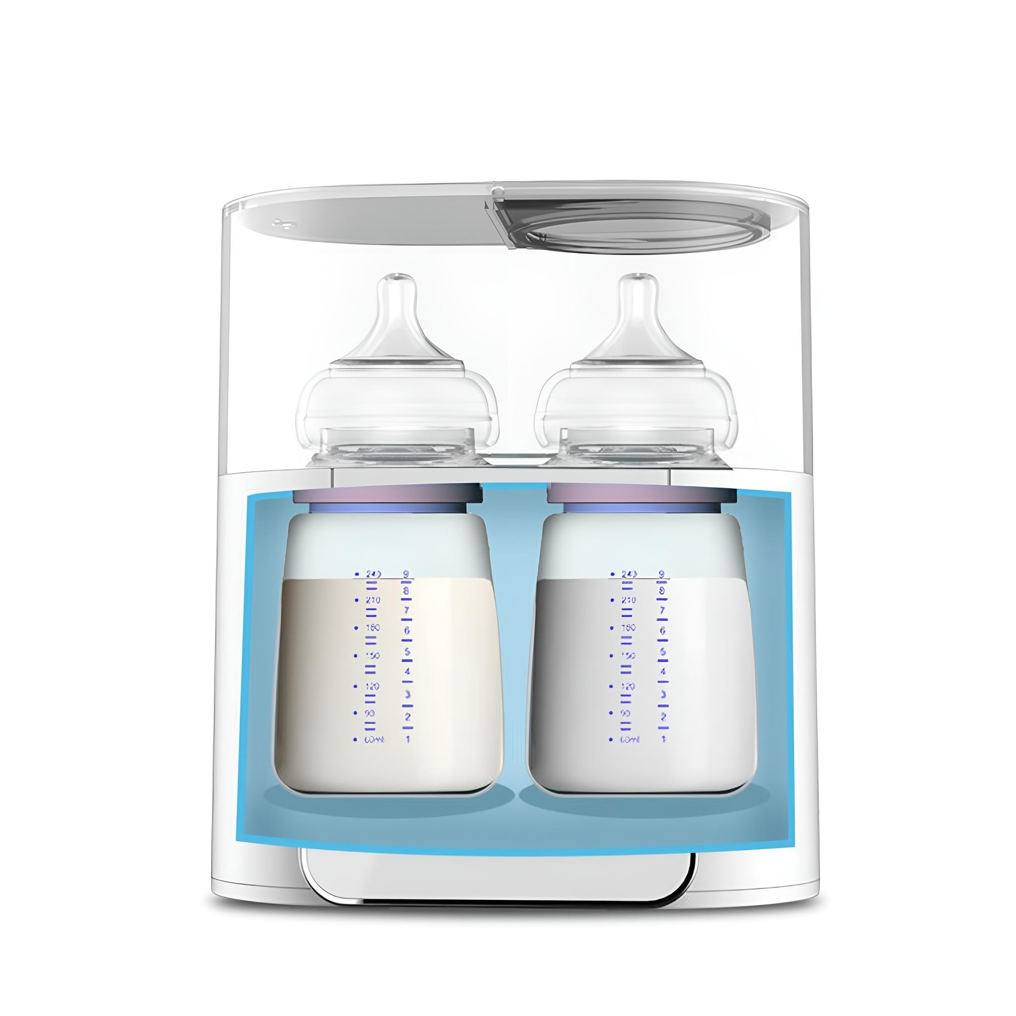 Babyflaschensterilisator mit zwei Milchflaschen. Blaues Licht hebt die Messungen hervor.