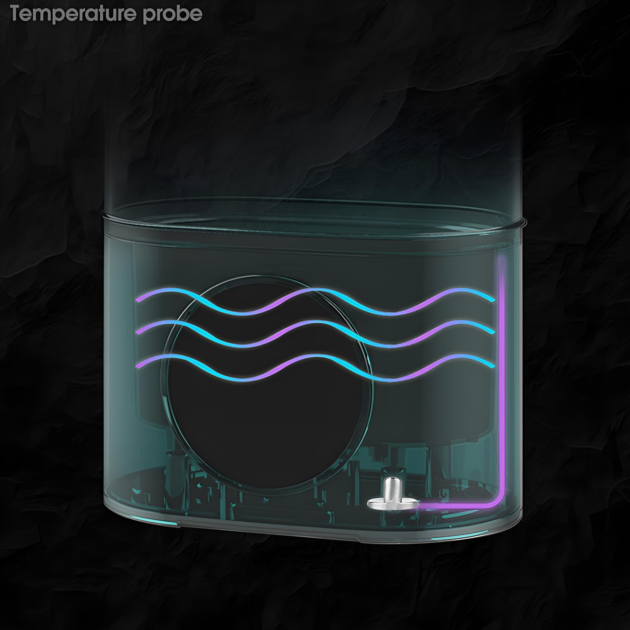 Transparenter Behälter mit blau-violetten Wellen, die die Temperatursonde im Inneren zeigen.
