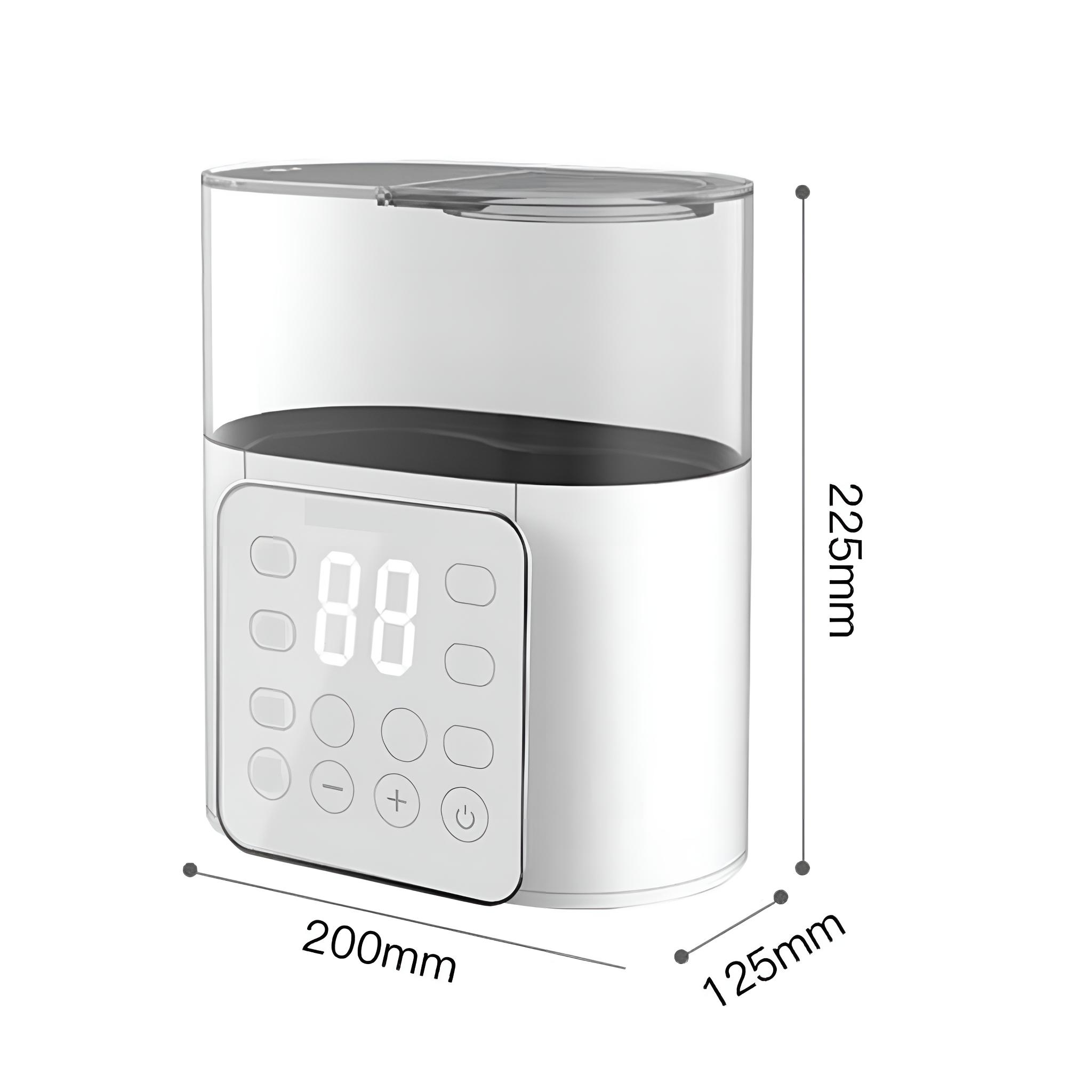 Weißer Babyflaschensterilisator mit Digitalanzeige und Knöpfen. Abmessungen sind 200x125x225mm.