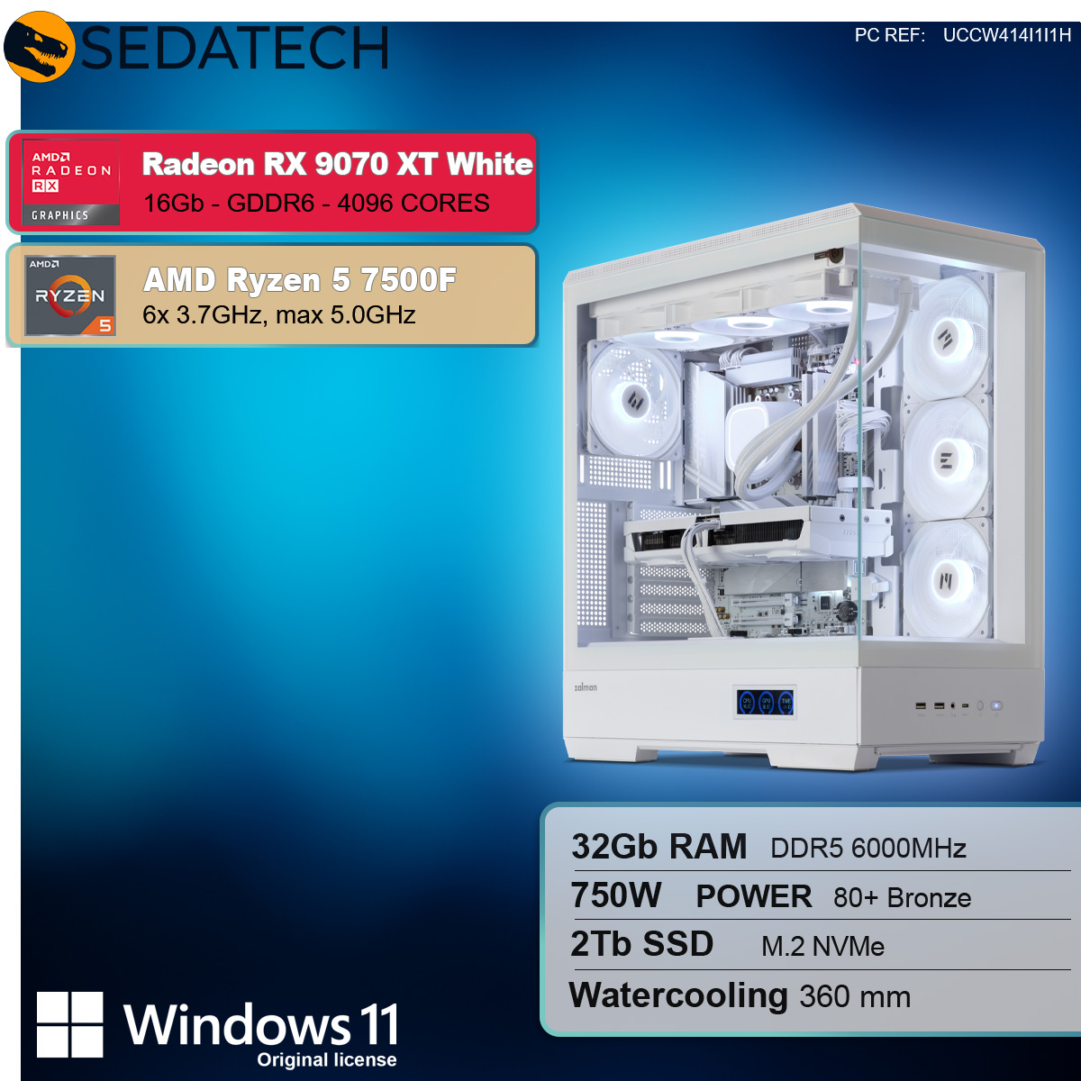 Case per computer bianco con componenti visibili. Scheda grafica Radeon RX 9070 XT White e CPU AMD Ryzen 5.