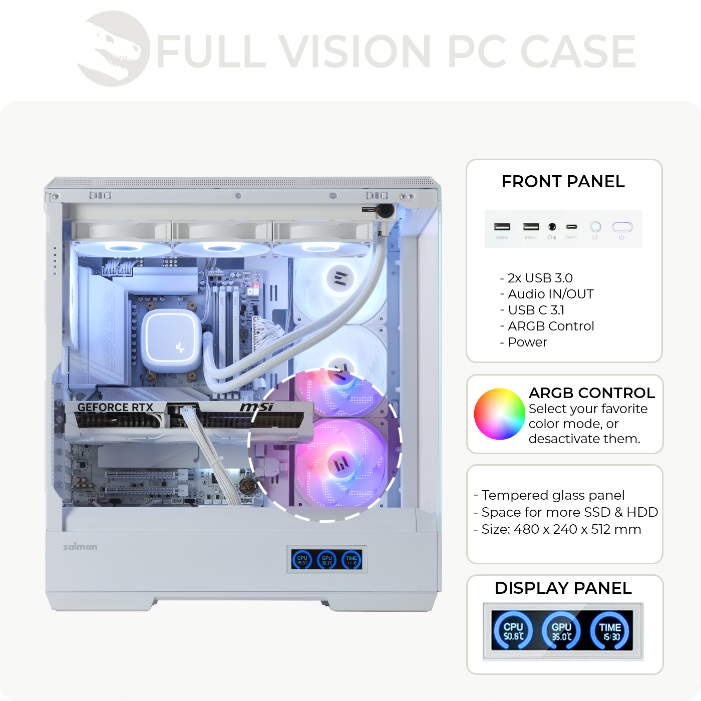 Case PC bianco con componenti all'interno. Dispone di pannelli frontali e display con controllo ARGB.