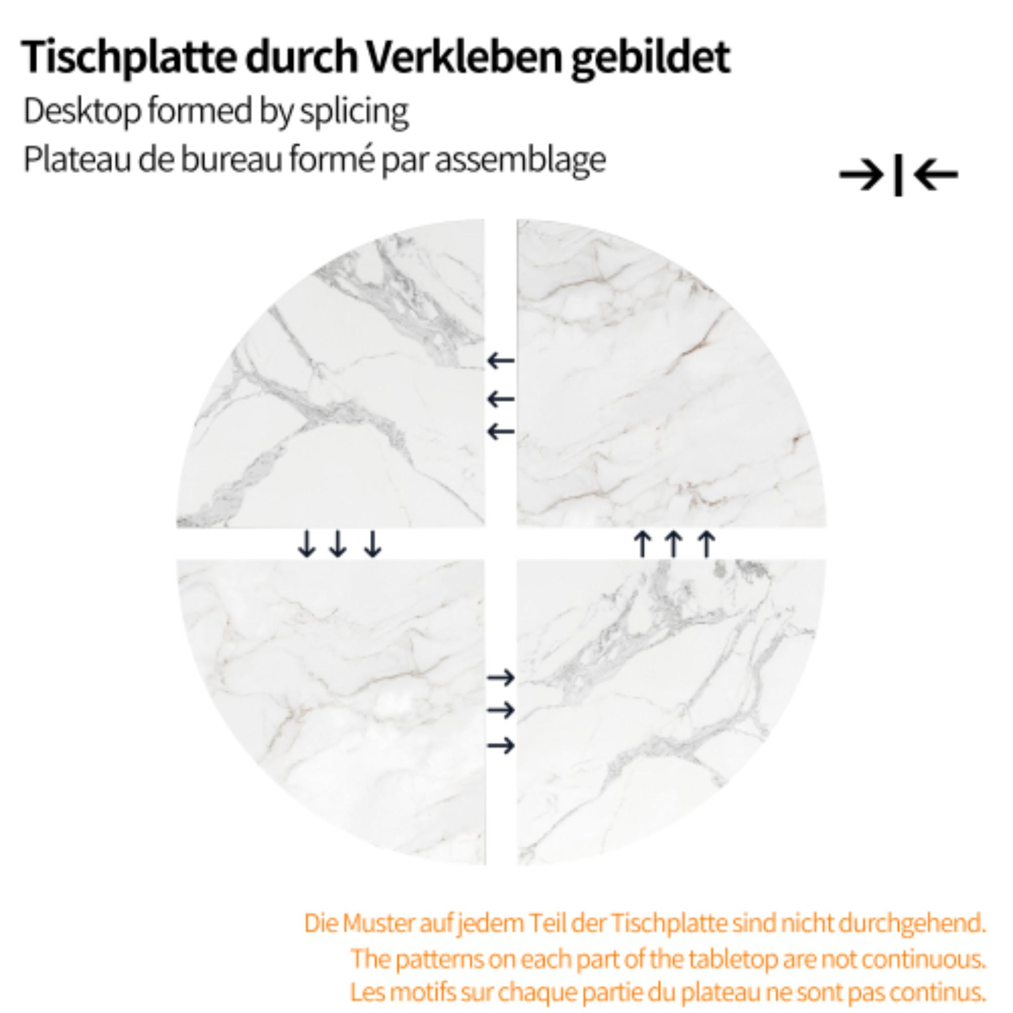 Nahaufnahme einer Marmortischplatte, die die Nähte zeigt, an denen die Teile zusammengefügt sind.