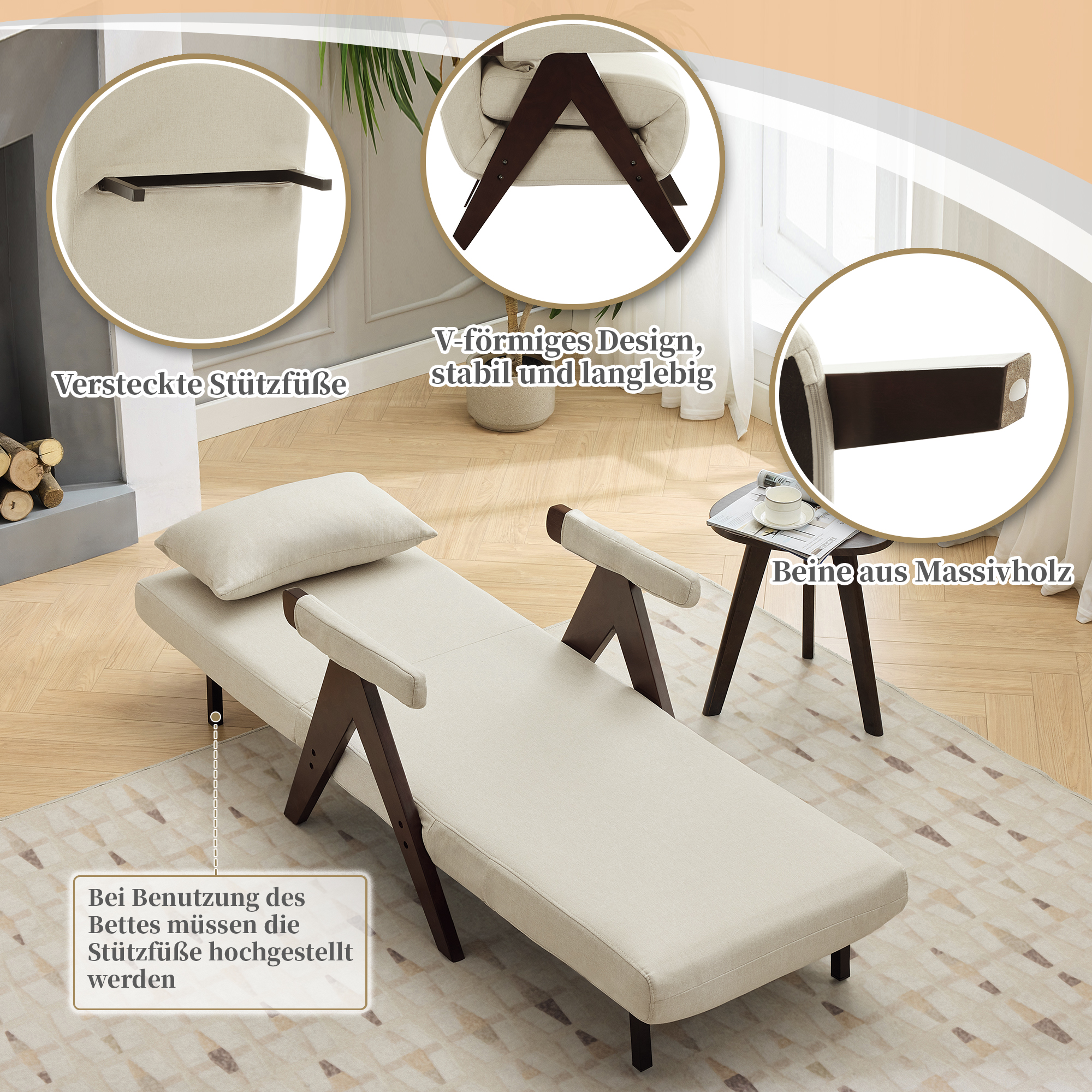 Beiges Chaiselongue-Set mit braunen Holzbeinen und Armlehnen. Füße und Designdetails werden gezeigt.