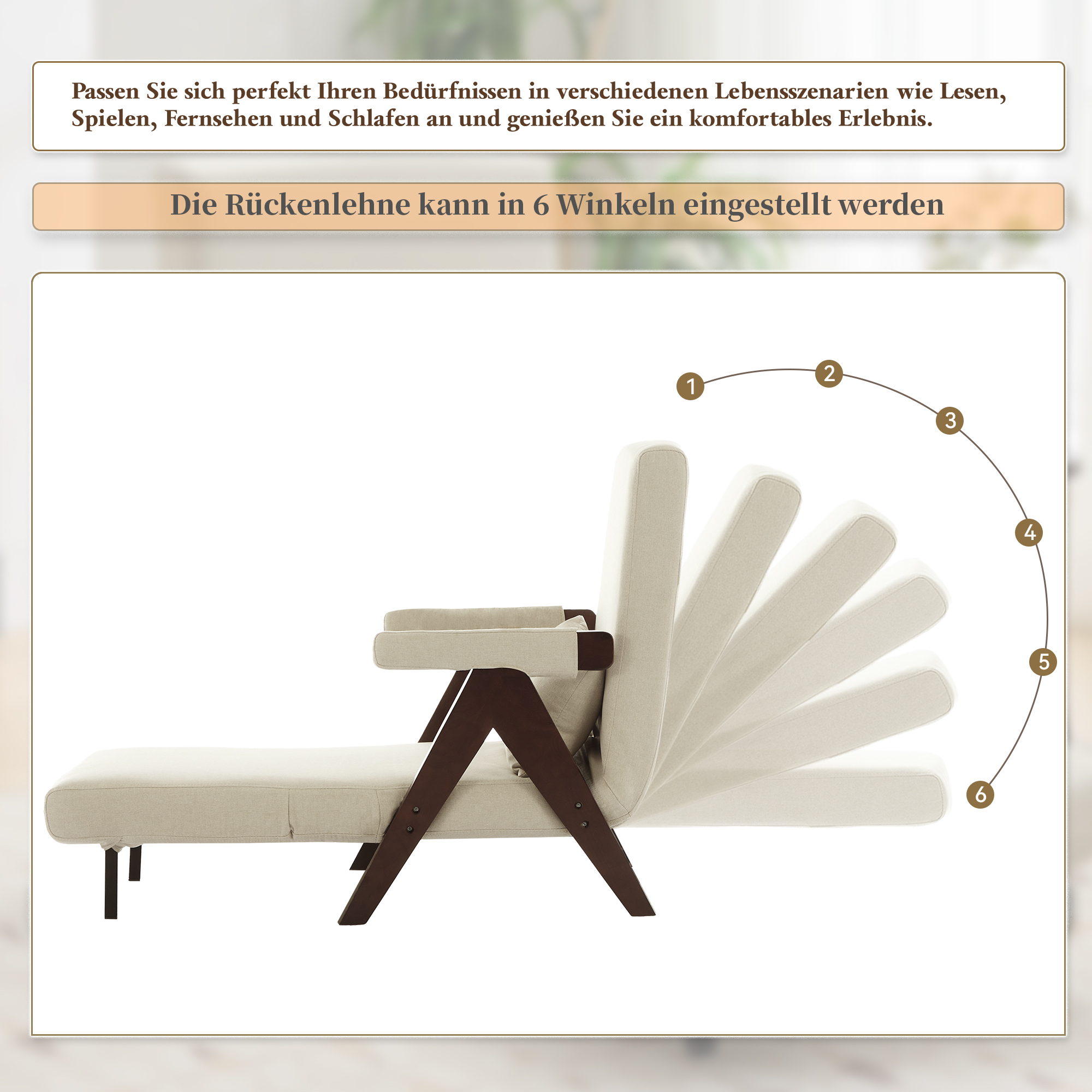 Cremefarbener Stuhl lässt sich in sechs Winkeln verstellen, dargestellt in einem Diagramm.