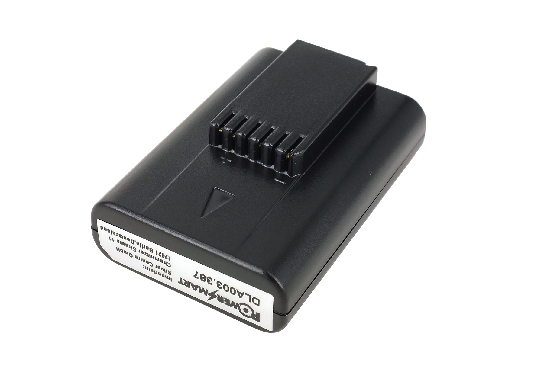Batteria nera con adesivo bianco. Stampa: RoerMart, DLA003-387, 12621 Berlino, Germania.