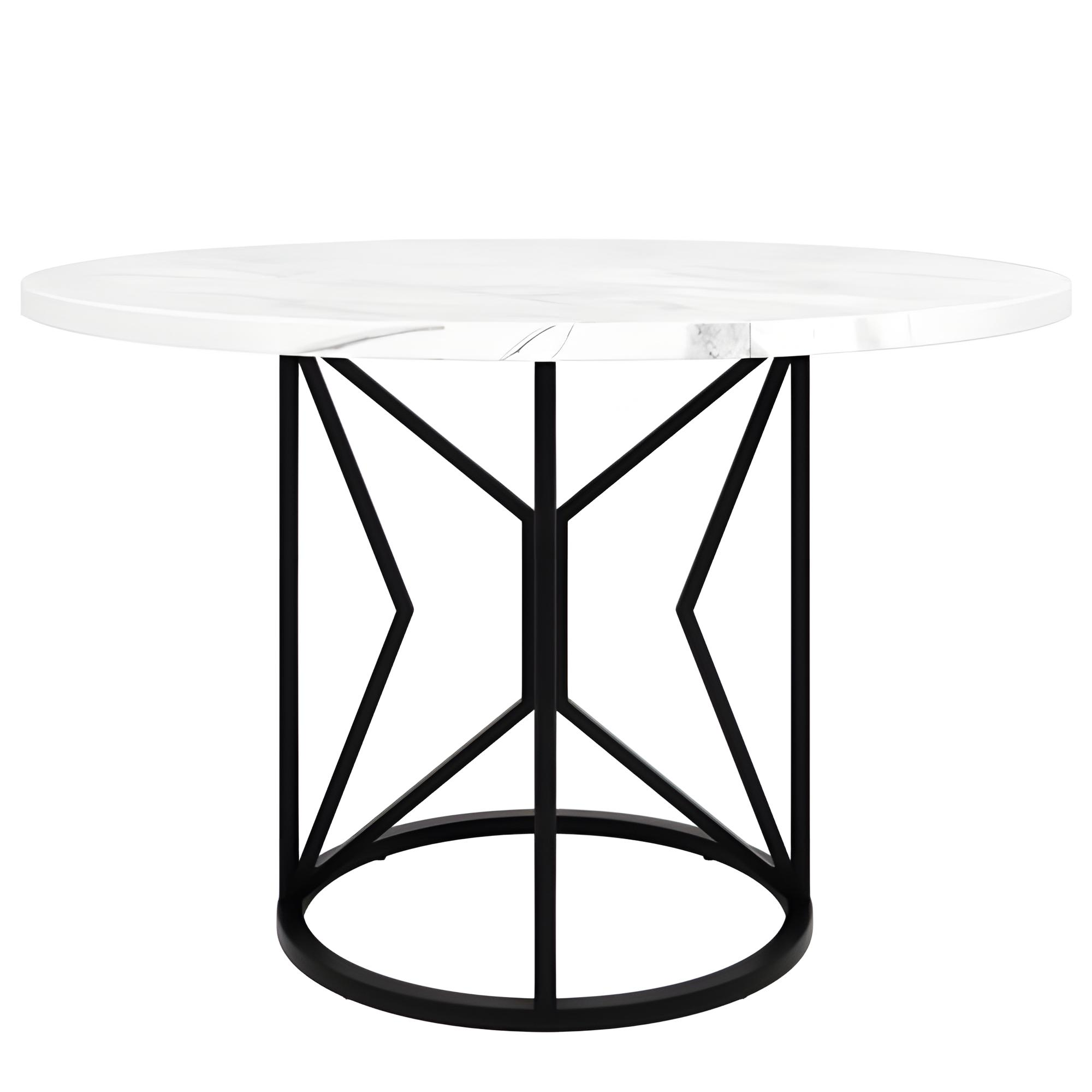 Runder Tisch mit weißer Marmorplatte und schwarzem geometrischen Gestell, freigestellt.