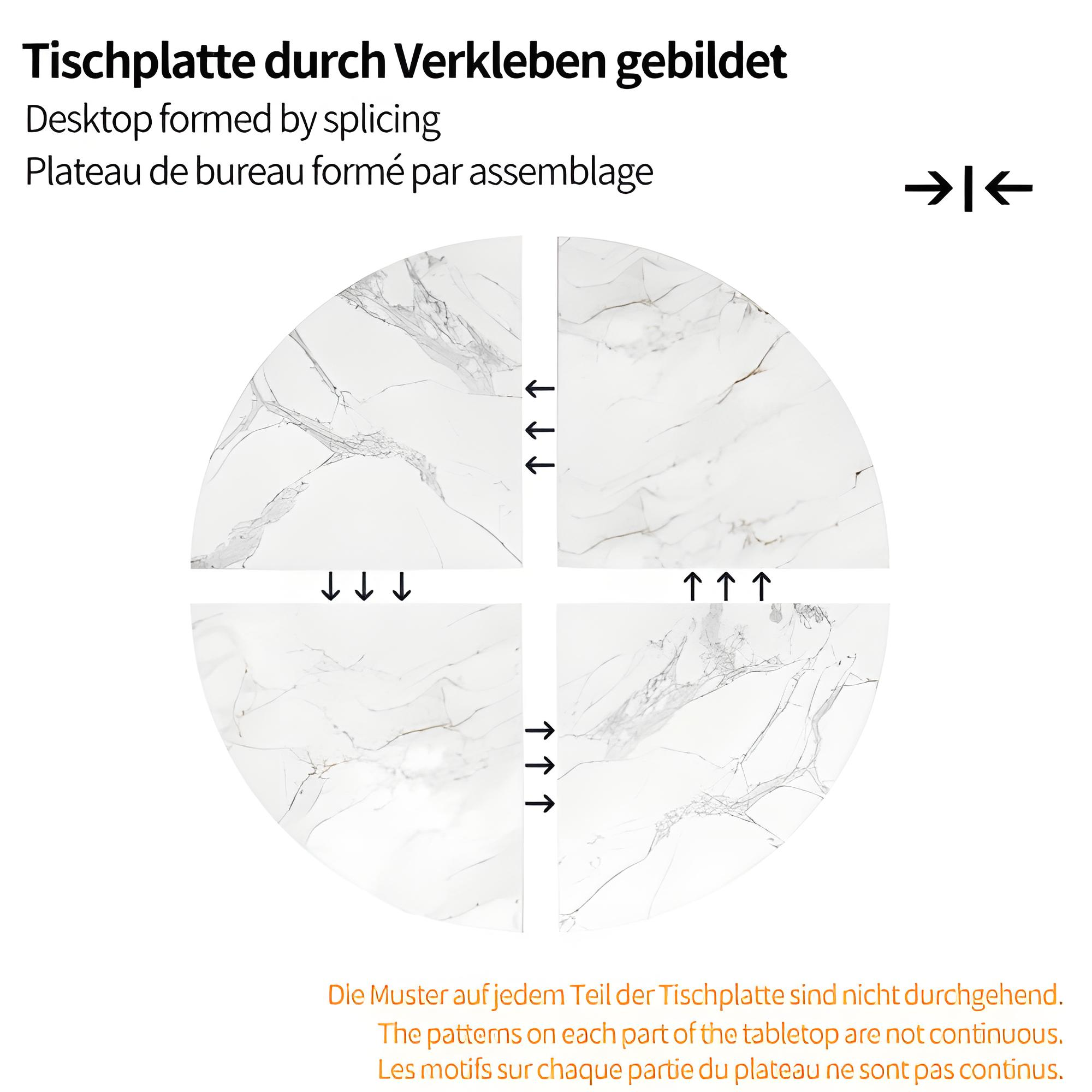 Vier weiße Tischplattenabschnitte mit Marmormuster. Pfeile zeigen die Montage. Text auf Deutsch.