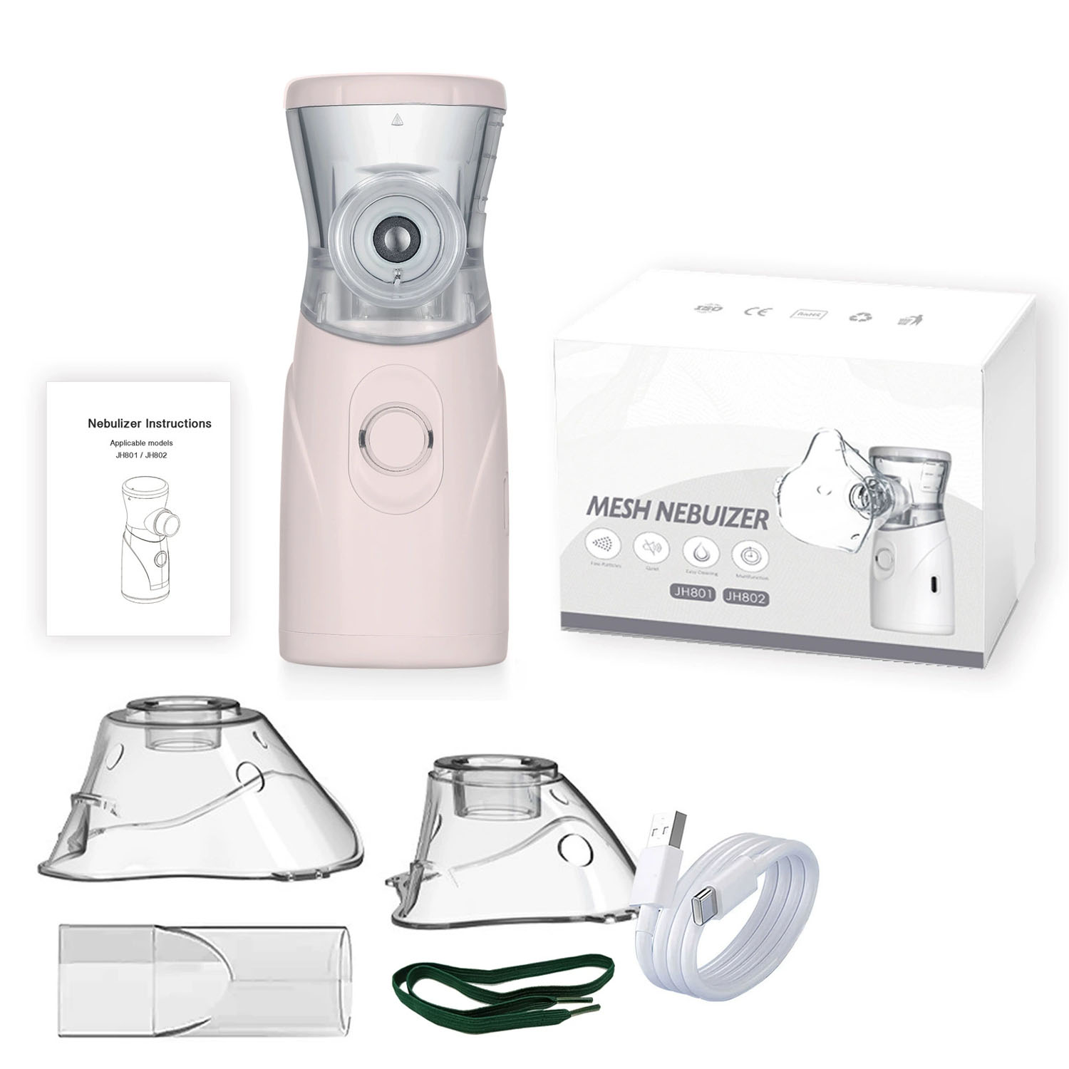 Rosa-weißes Verneblerset mit Zubehör. Enthält Maske, Schlauch, Box und Anweisungen. Weißer Hintergrund.