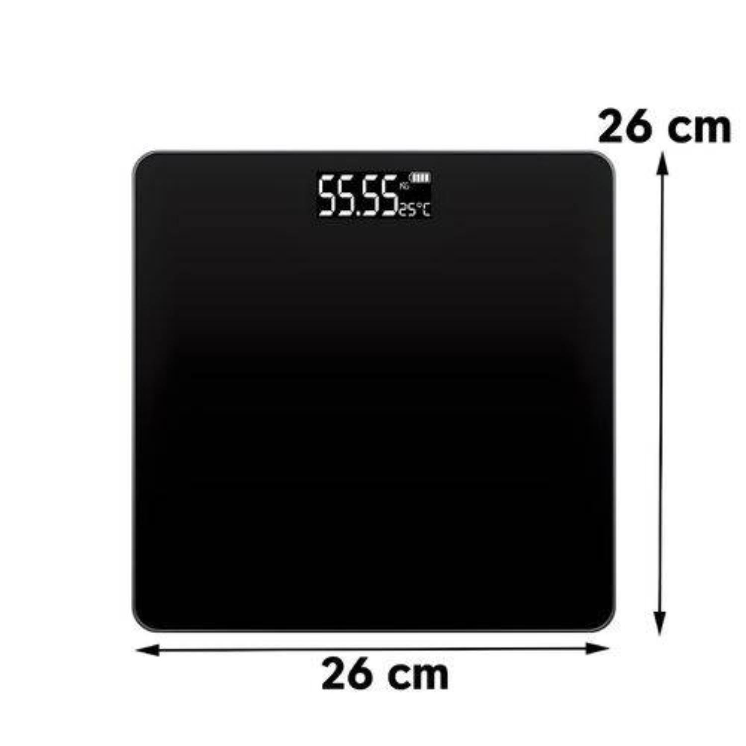 Schwarze quadratische Digitalwaage, 26 cm Abmessungen, Anzeige 55,55 kg und 25°C.