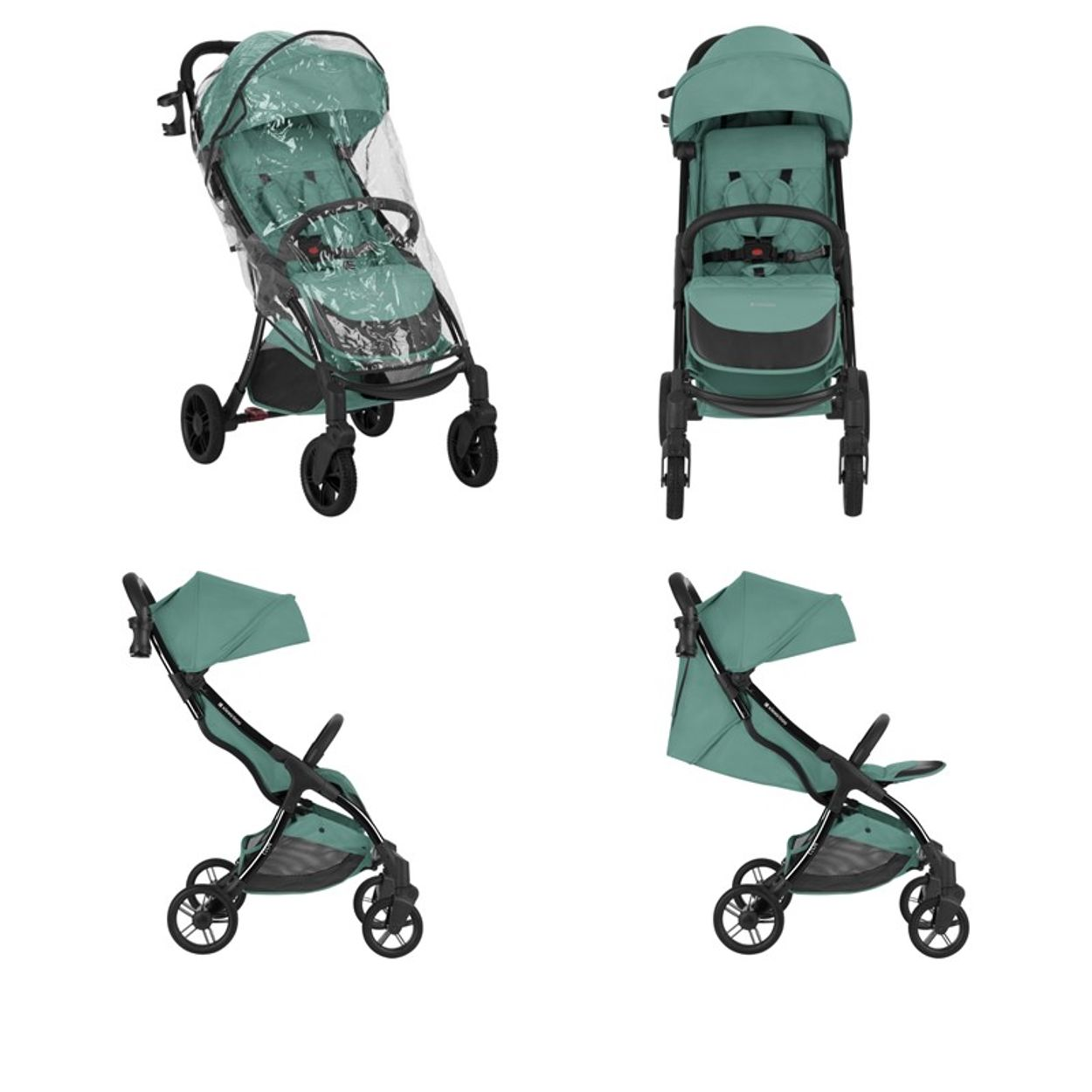 Grüner Kinderwagen mit transparenter Abdeckung, schwarzem Rahmen, vier Rädern. Mehrere Ansichten.