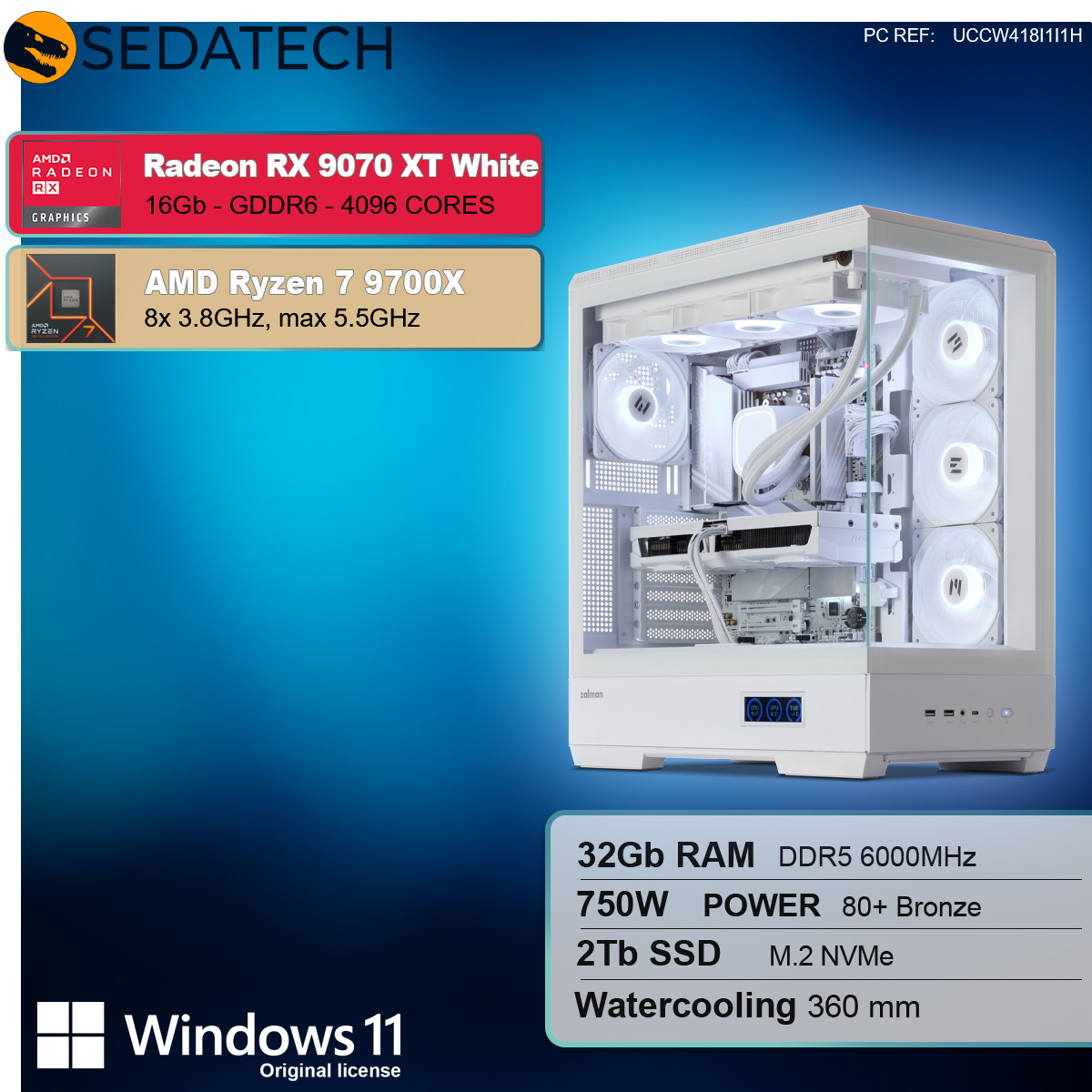 Case PC bianco con componenti. Scheda grafica Radeon RX 9070 XT White e Ryzen 7 9700X.