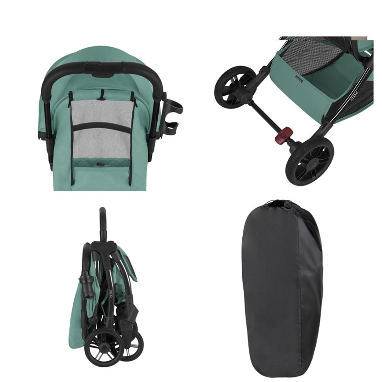 Ein Kinderwagen in vier Ansichten: vorne, Räder, gefaltet und in einer Aufbewahrungstasche, alles in Teal.