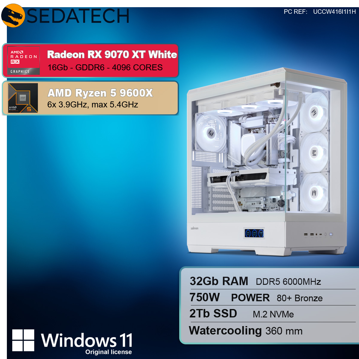 Case per computer bianco con componenti. Specifiche: Radeon RX 9070 XT White, Ryzen 5 9600X, RAM, SSD.