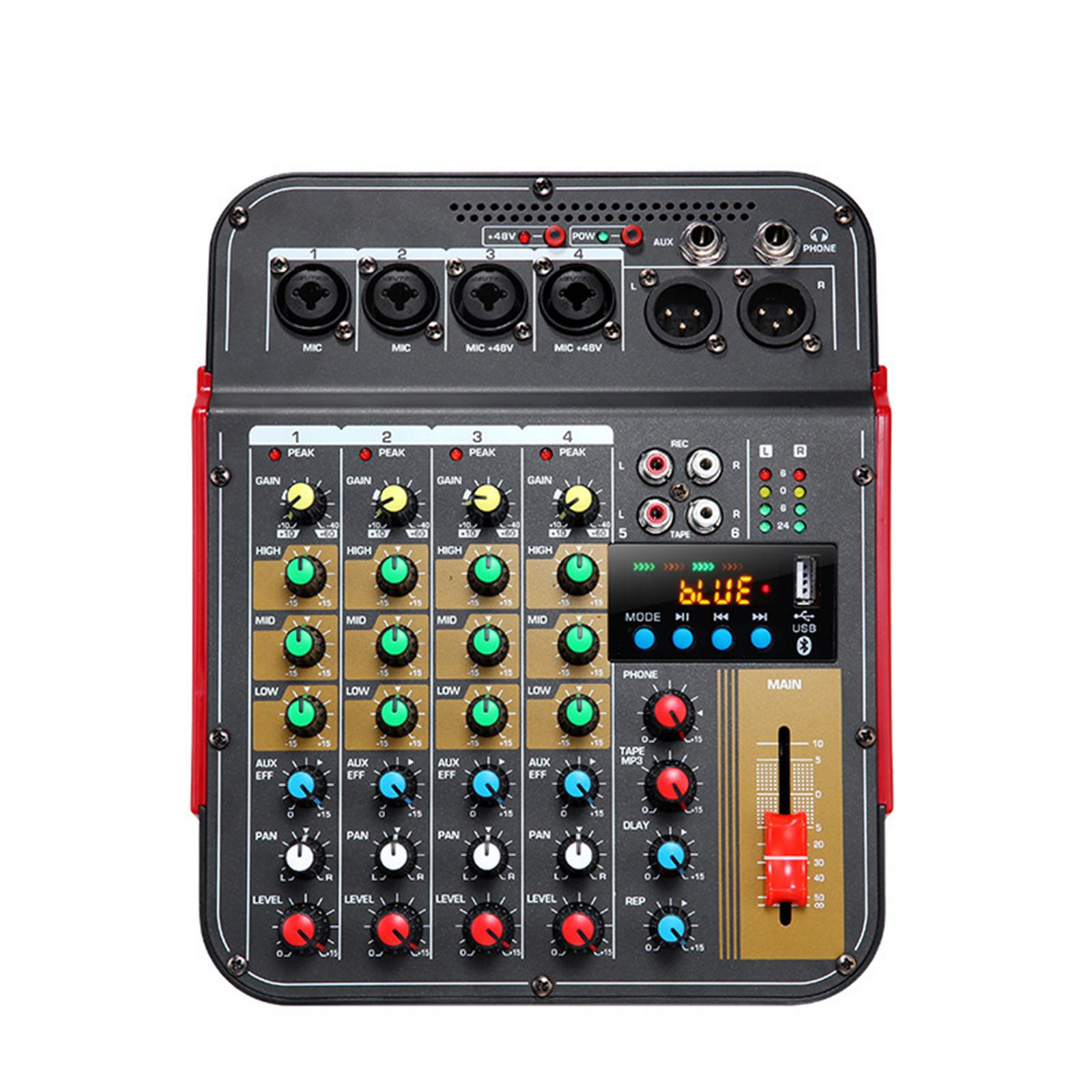 Schwarzer und roter Audiomischer mit verschiedenen Knöpfen. Hat Digitalanzeige und mehrere Eingänge.