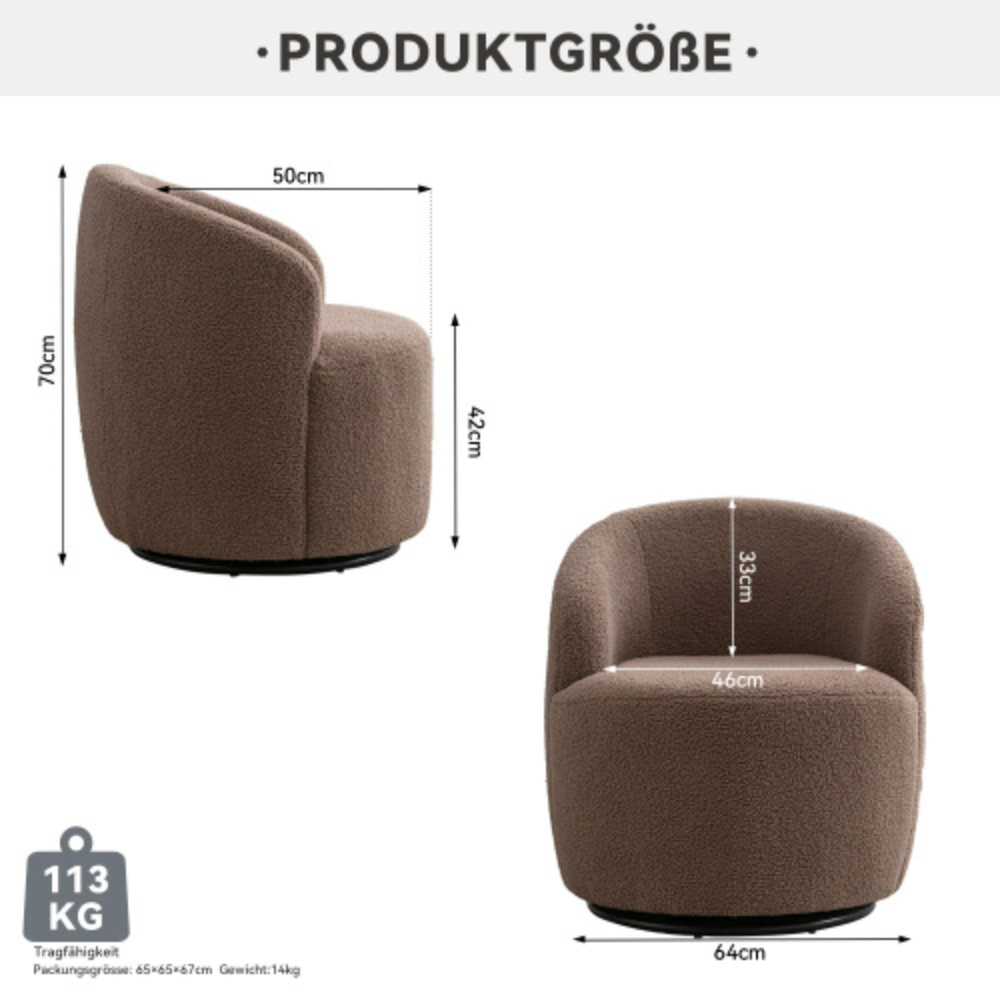 Abmessungen des braunen, flauschigen Sessels: 70x50x42 cm, Gewicht 113 kg.