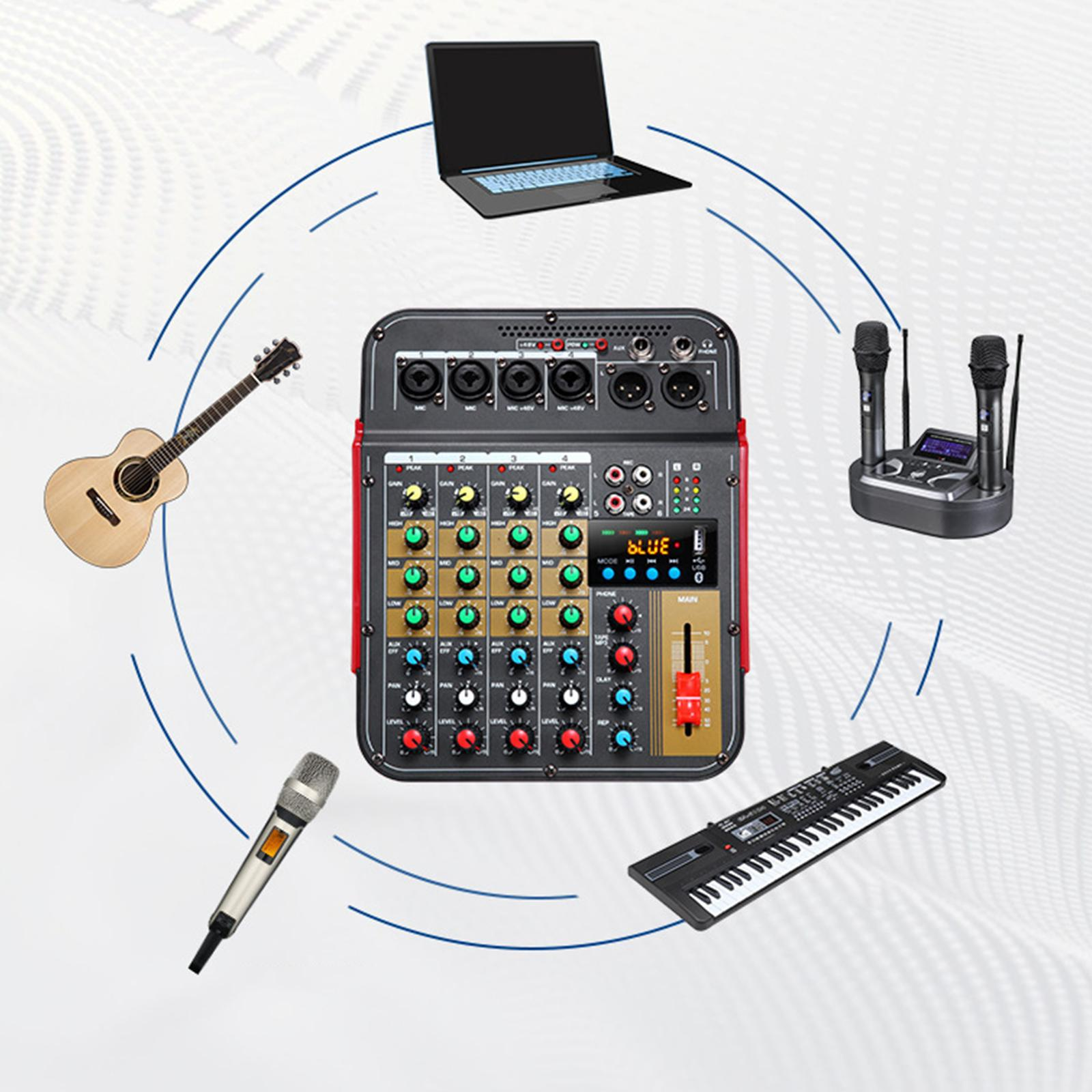 Audiomischer mit mehreren angeschlossenen Geräten: Laptop, Mikrofone, Gitarre, Keyboard und Lautsprecherständer.