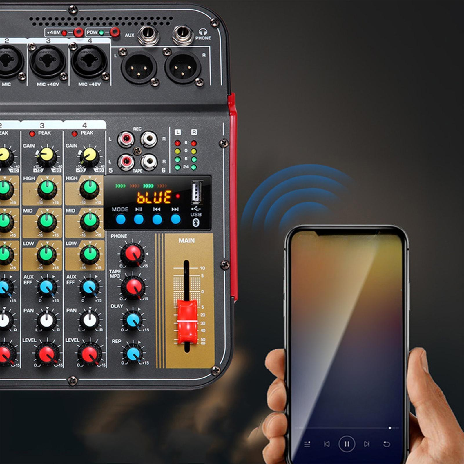 Audiomixer mit Knöpfen und Schiebereglern, Telefon mit blauem Bluetooth-Symbol, blaue Schallwellen.