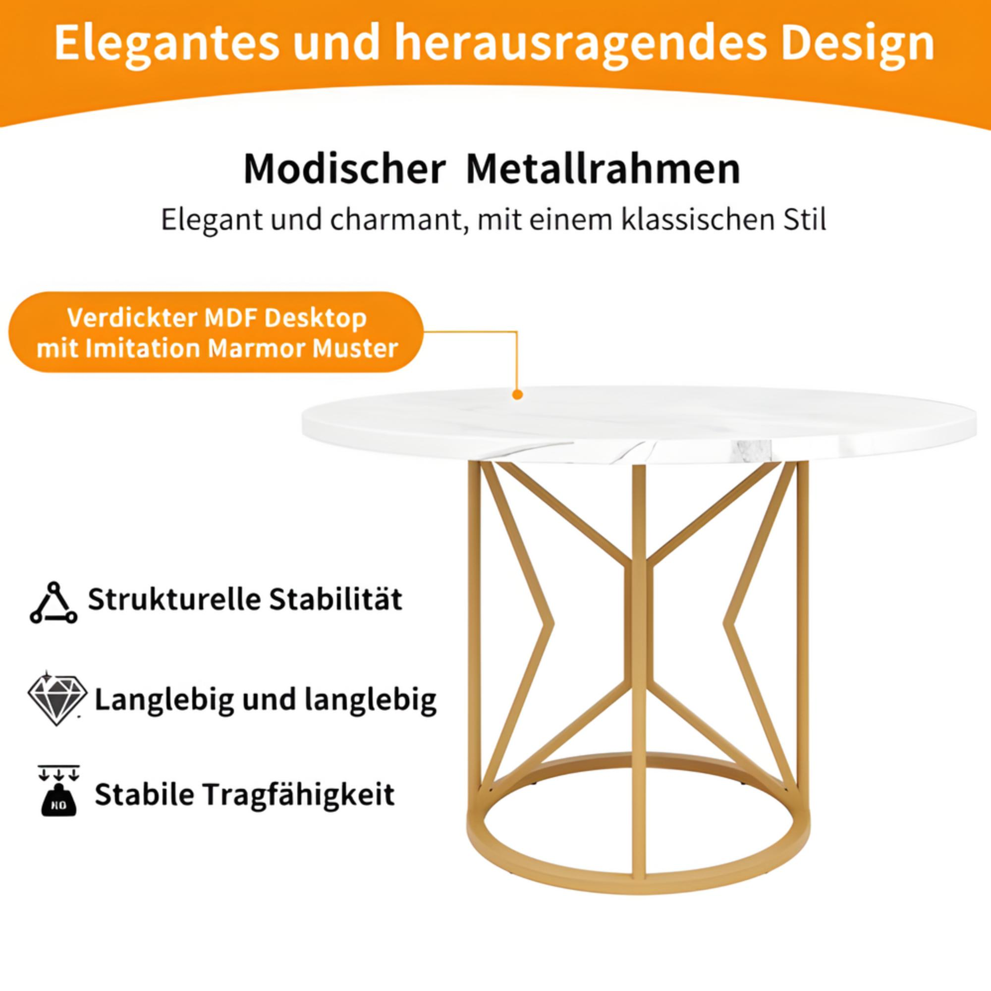 Marketinggrafik mit Text auf weißem Marmortisch, goldenen Beinen und Icons: Stabilität, Haltbarkeit, Stärke.