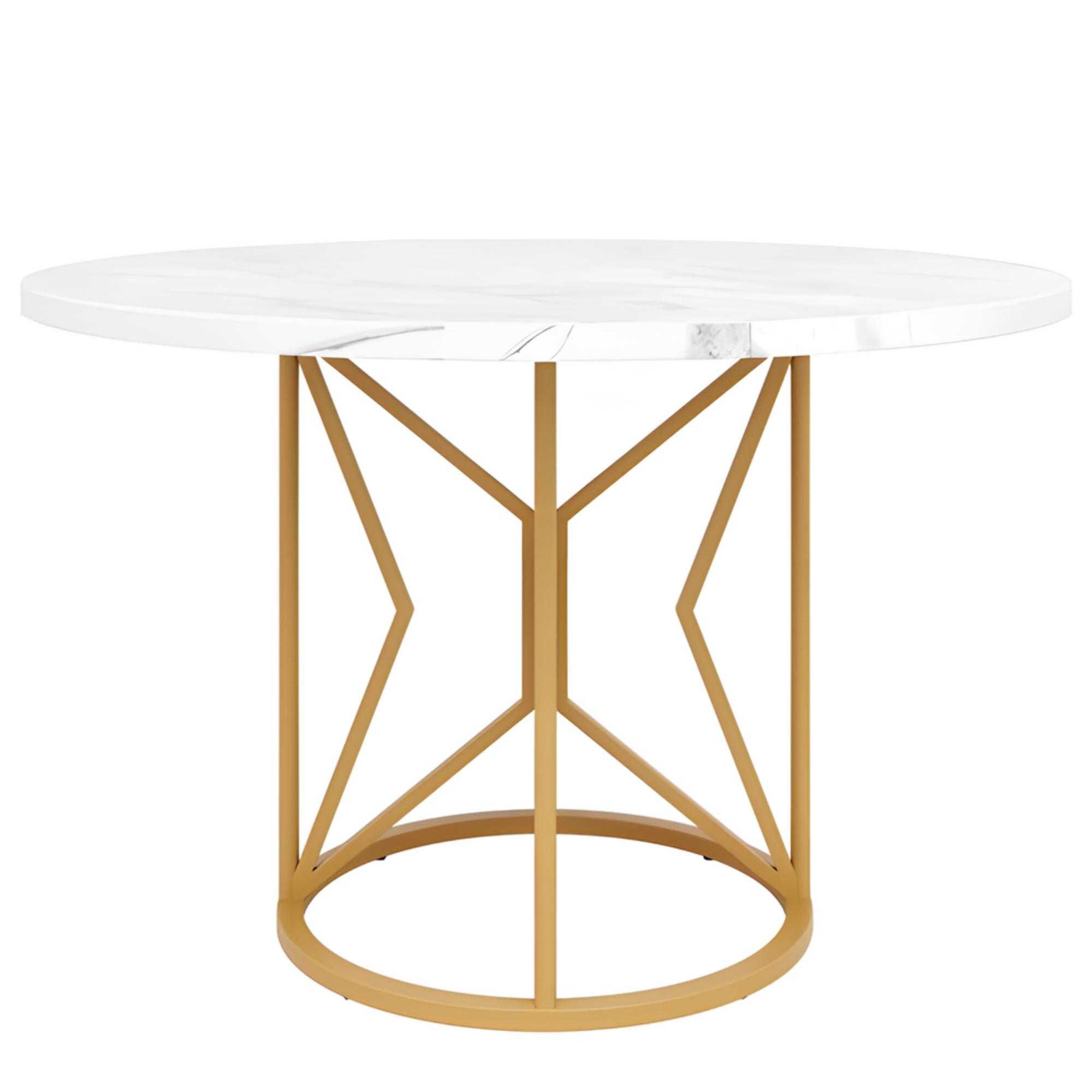 Runder weißer Marmortisch mit goldenen Beinen. Keine Objekte, weißer Hintergrund. Elegantes Design.