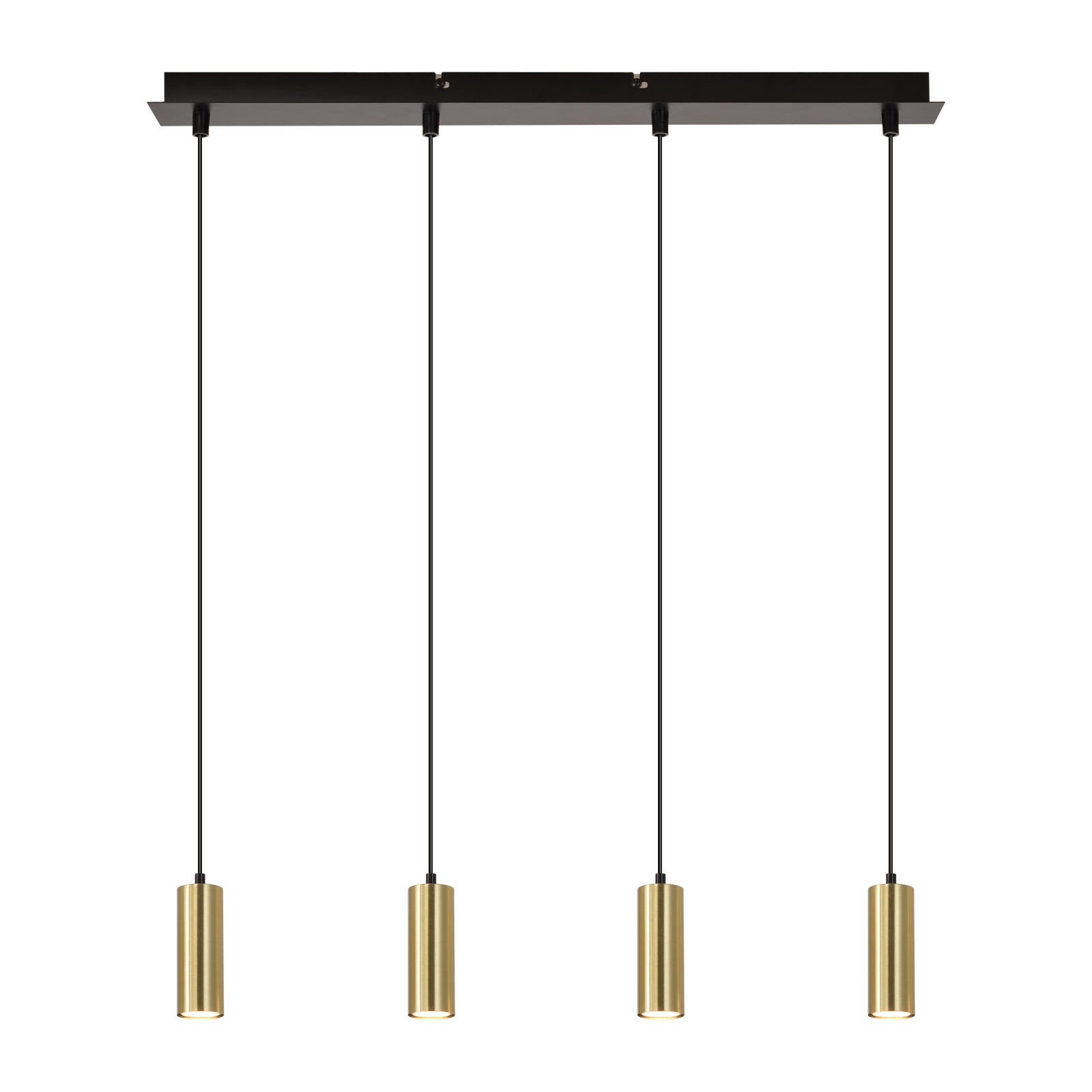 Un lampadario lineare con quattro apparecchi di illuminazione cilindrici color oro.