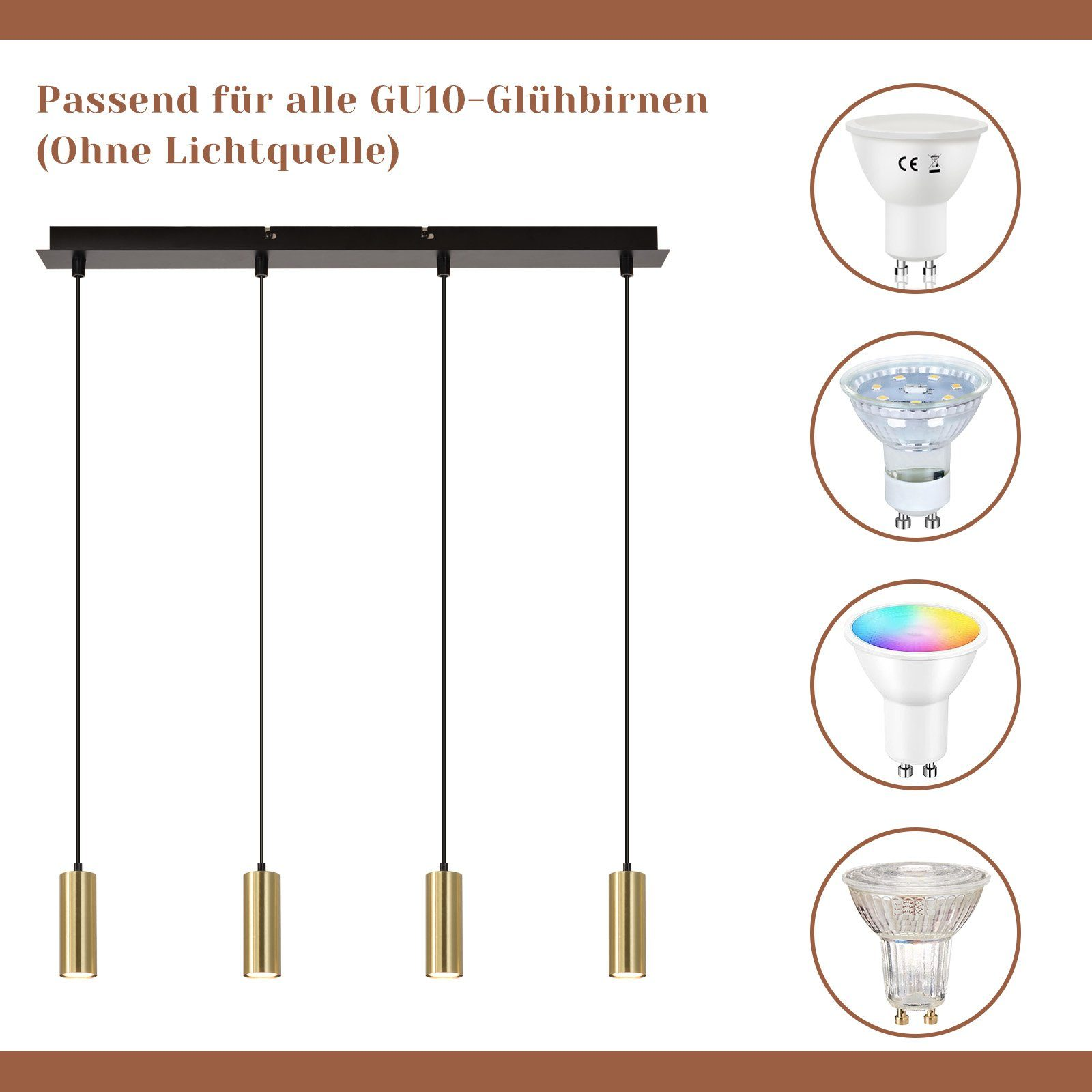 Quattro lampade a sospensione dorate, adatte a lampadine GU10.