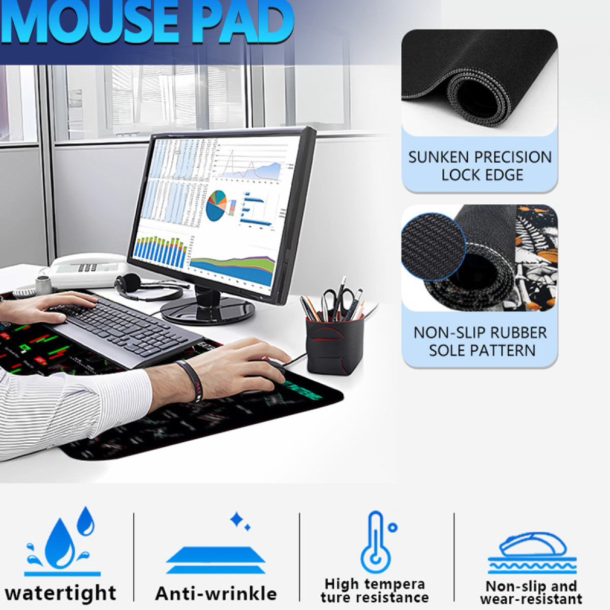Een muismat op een bureau met een computer.