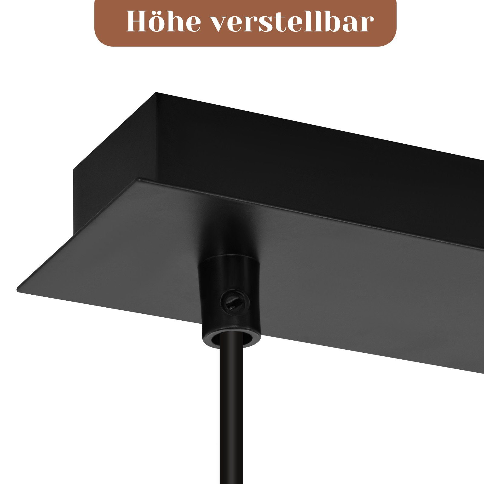 Primo piano della base di una lampada a sospensione, con testo che indica l'altezza regolabile.
