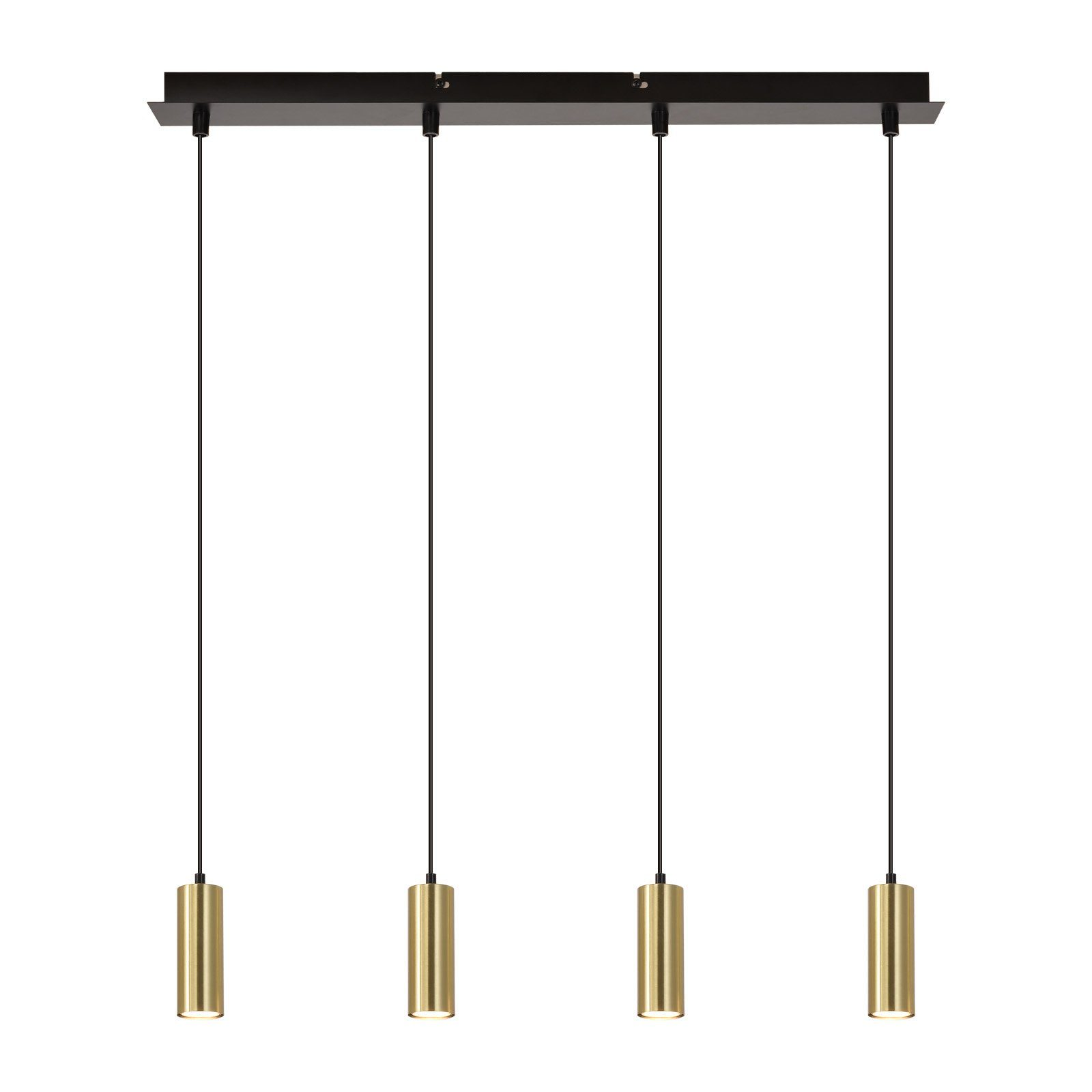 Quattro lampade a sospensione dorate, design minimalista.