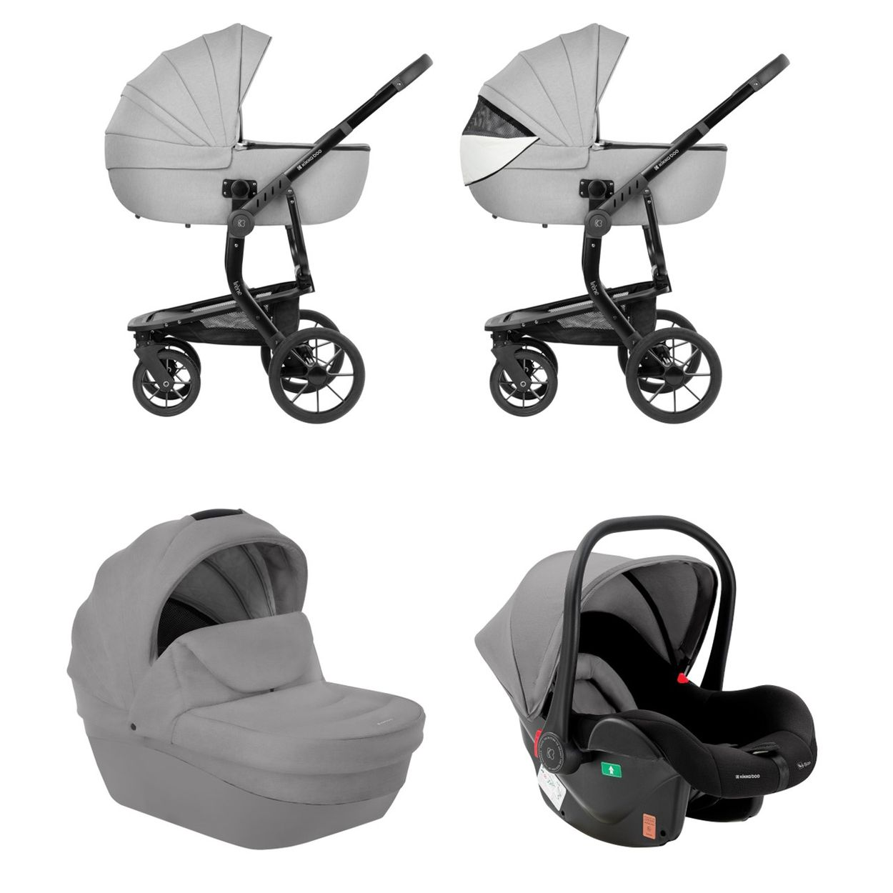 Bilder von grauen Kinderwagen mit verschiedenen Komponenten, alle auf weißer Oberfläche.