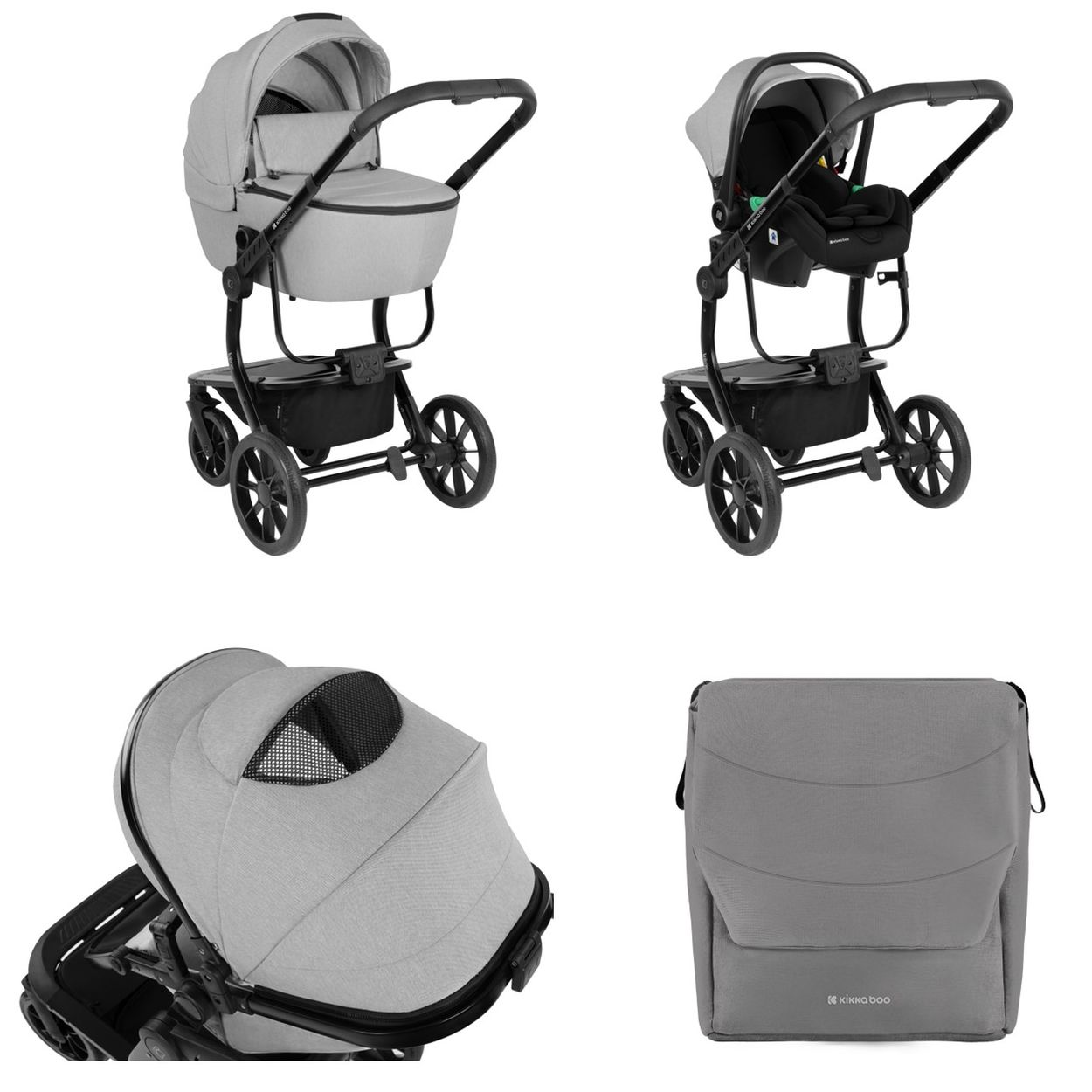 Bilder zeigen graue Kinderwagen, Autositze und Zubehör. Alles auf weißem Grund.