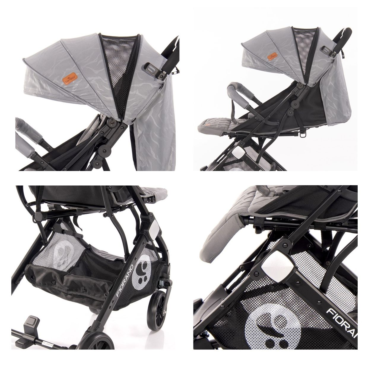 Details eines Kinderwagens: Verdeck, Sitz, Gestell und Aufbewahrungskorb. Markenlogo sichtbar.