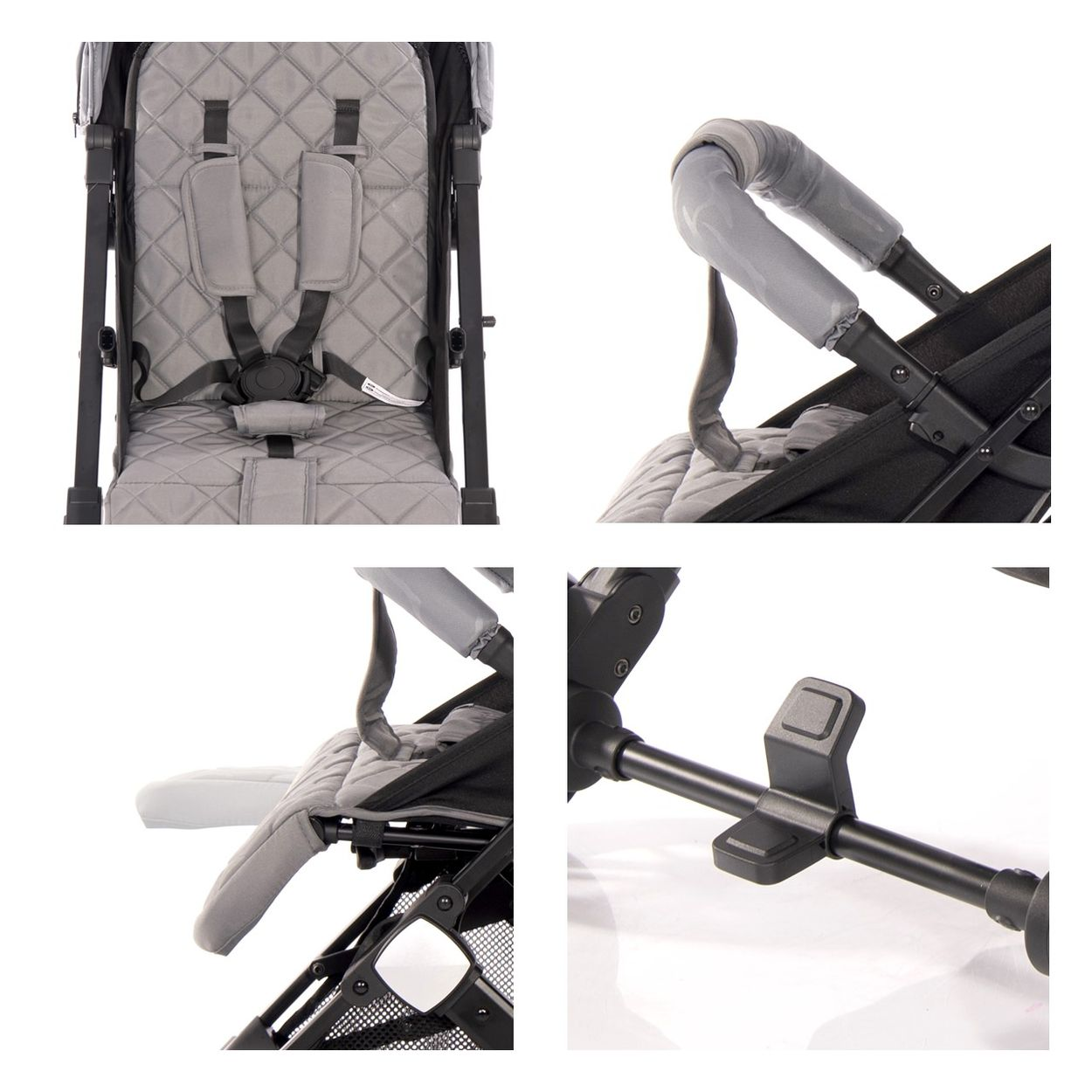 Details des Kinderwagens: Sitz mit Gurten, Griffen und Klappmechanismus. Nahaufnahmen.