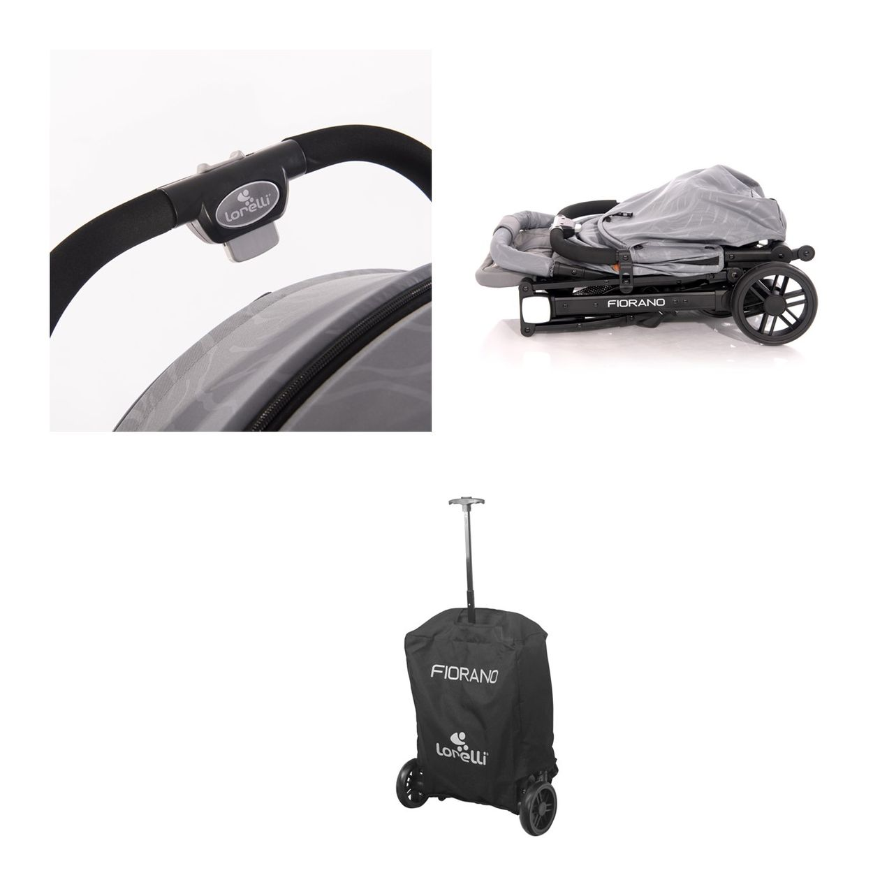 Details des Kinderwagens: Griff, gefaltete Ansicht und eine Reisetasche mit Rädern.