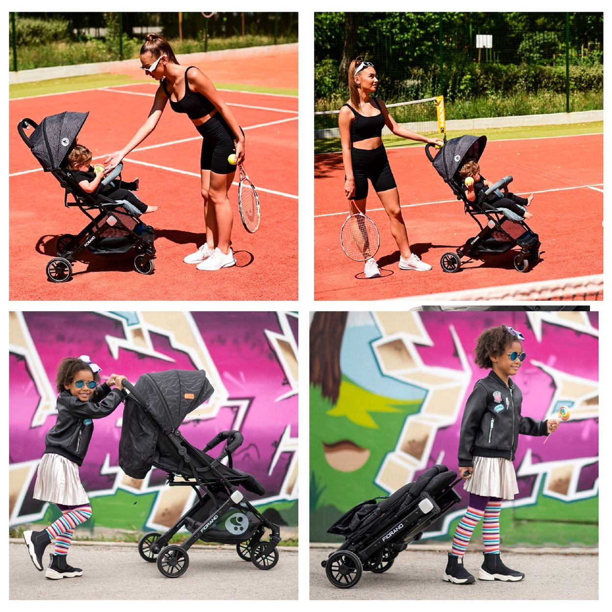 Vier Bilder: Mutter & Kind mit Kinderwagen, Mädchen mit Kinderwagen und Lutscher, alles auf einem Tennisplatz.