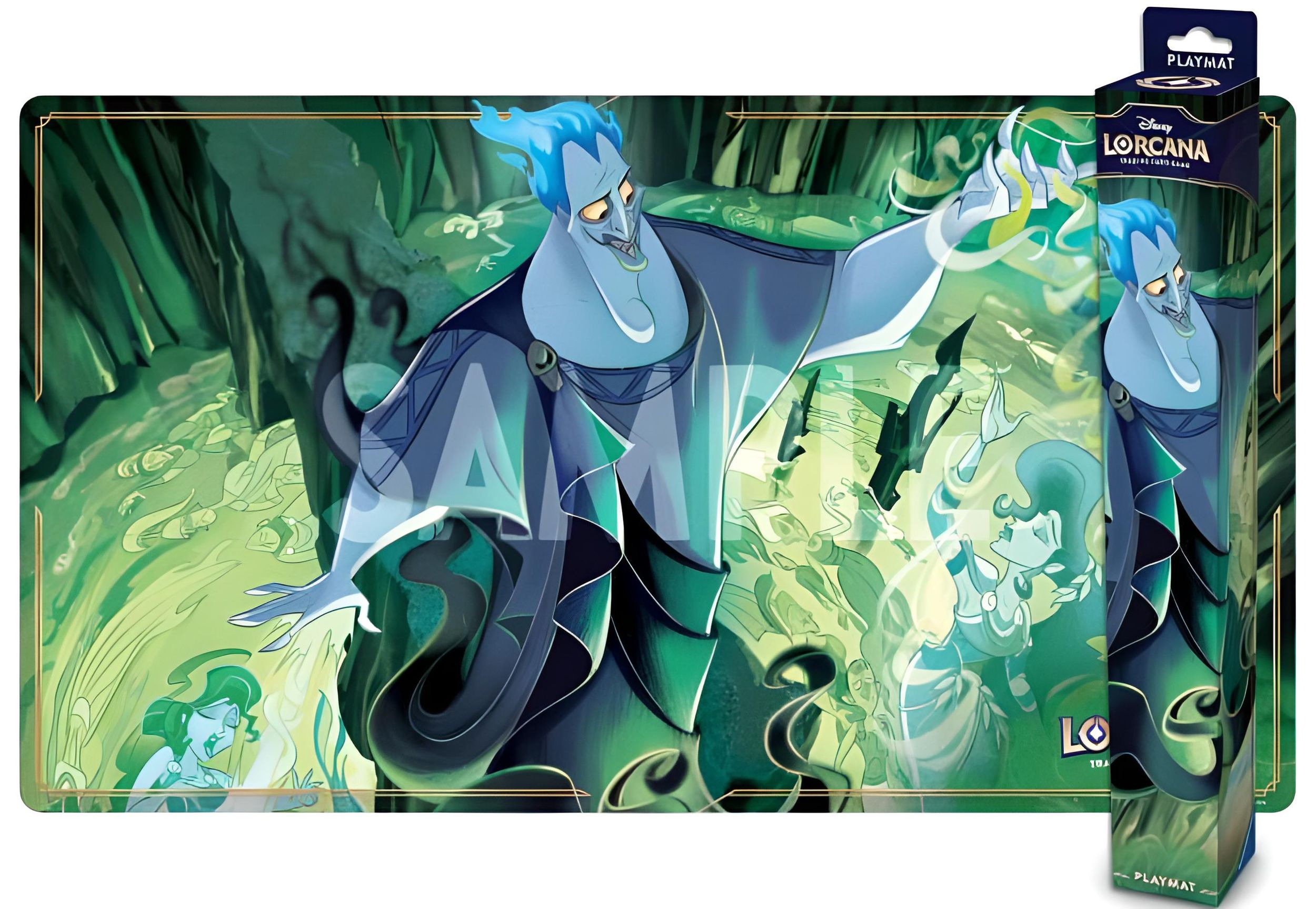 Ade da Hercules di Disney su un tappetino da gioco. Ade è mostrato in una posa dinamica con tonalità verdi e blu.