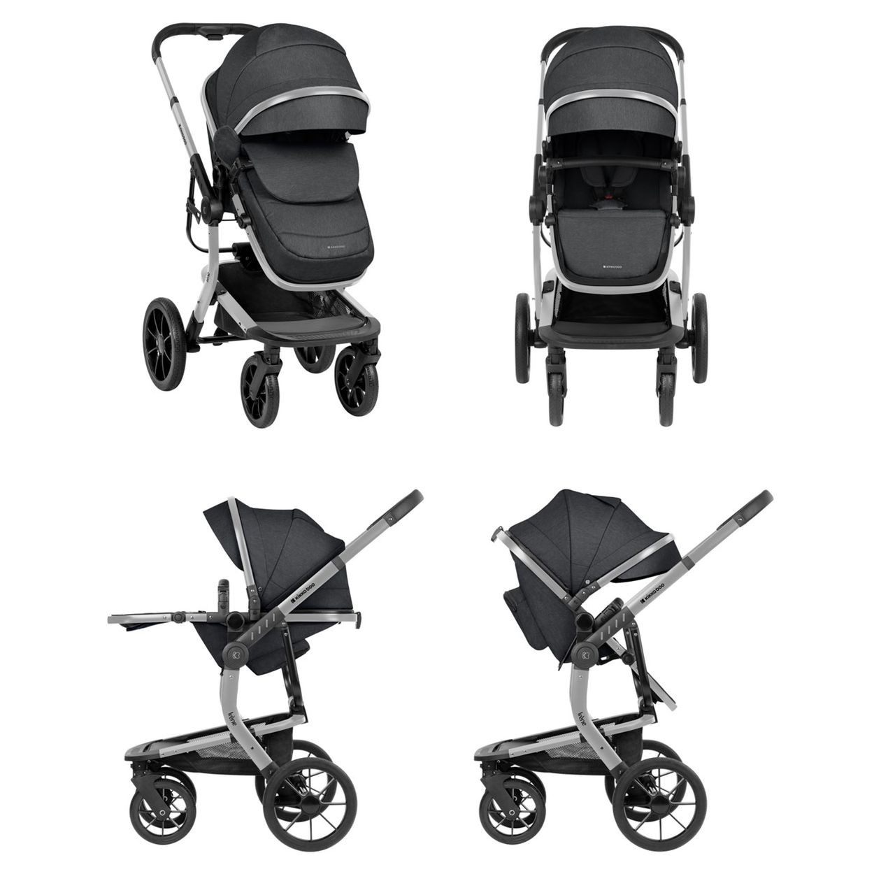 Mehrere Ansichten eines dunkelgrauen Kinderwagens. Vorder-, Rück- und Seitenansichten, die Design und Funktionen zeigen.