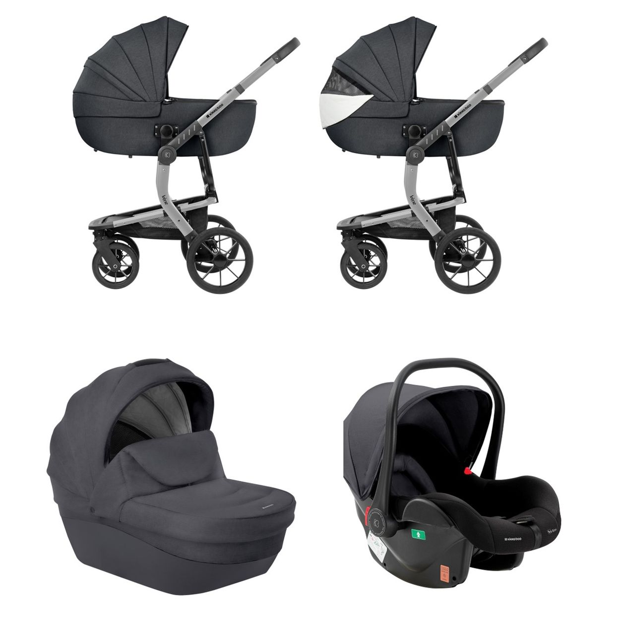 Vier Bilder eines Kinderwagen-Sets: Kinderwagen, Babywanne, Autositz und Kinderwagen mit weißem Akzent.