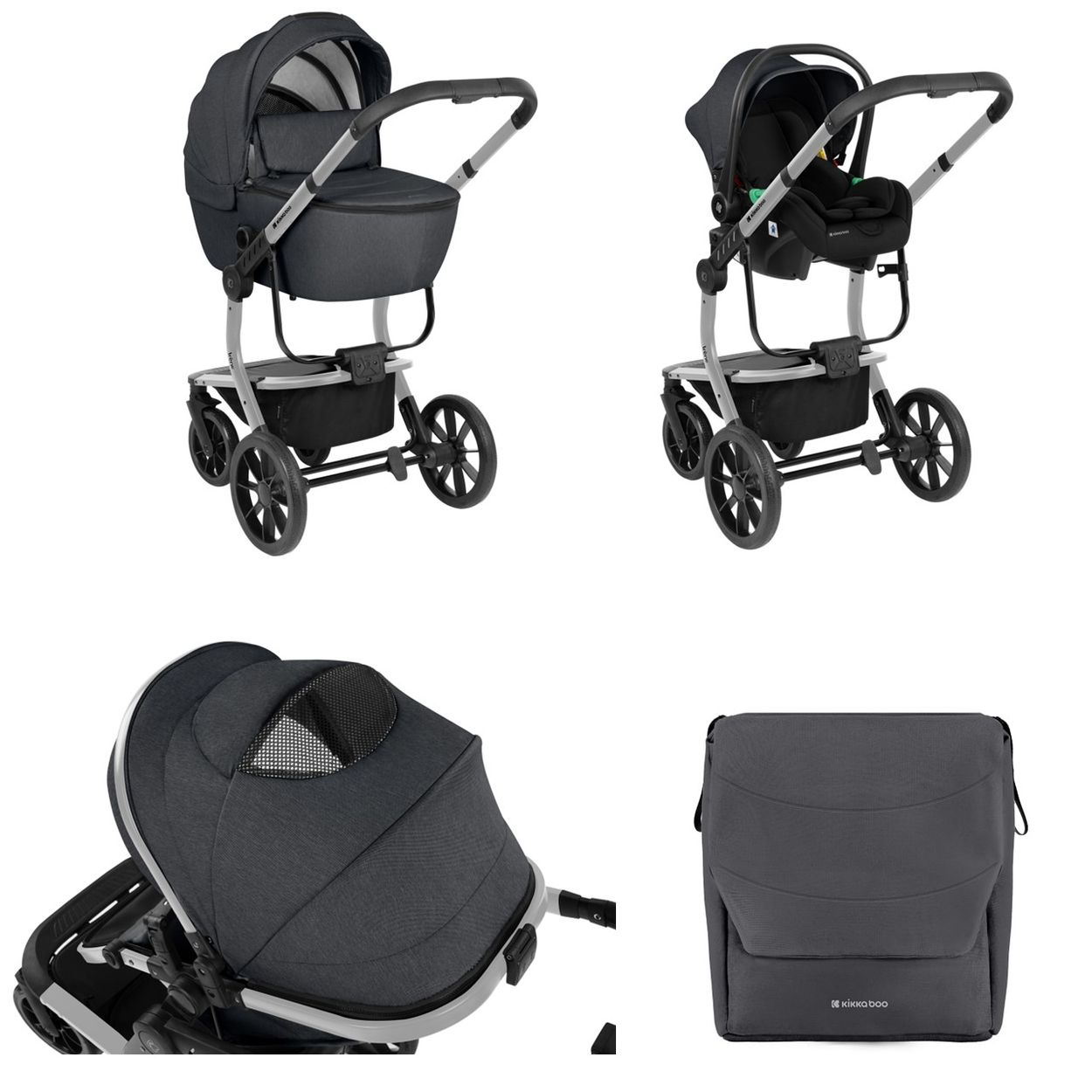 Vier Bilder eines Kinderwagen-Sets: Kinderwagen, Autositz und zwei Detailansichten von Kinderwagen und Tasche.