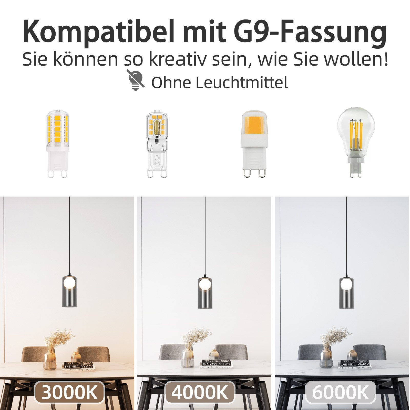 Una varietà di lampadine e lampade a sospensione vengono visualizzate, con diverse temperature di colore (da 3000K a 6000K).