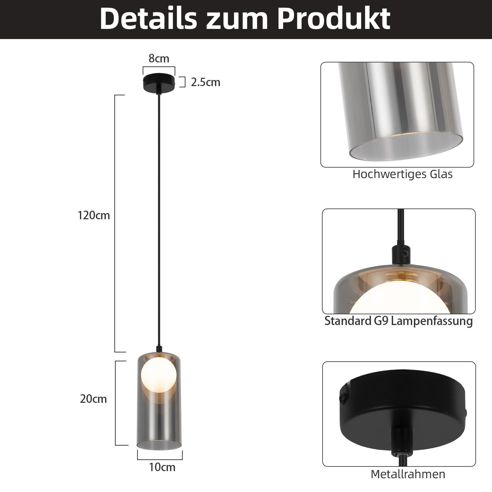 Diagramma di una lampada a sospensione con dimensioni e dettagli: vetro, cornice, lampadina. Testo in tedesco. Sfondo bianco.