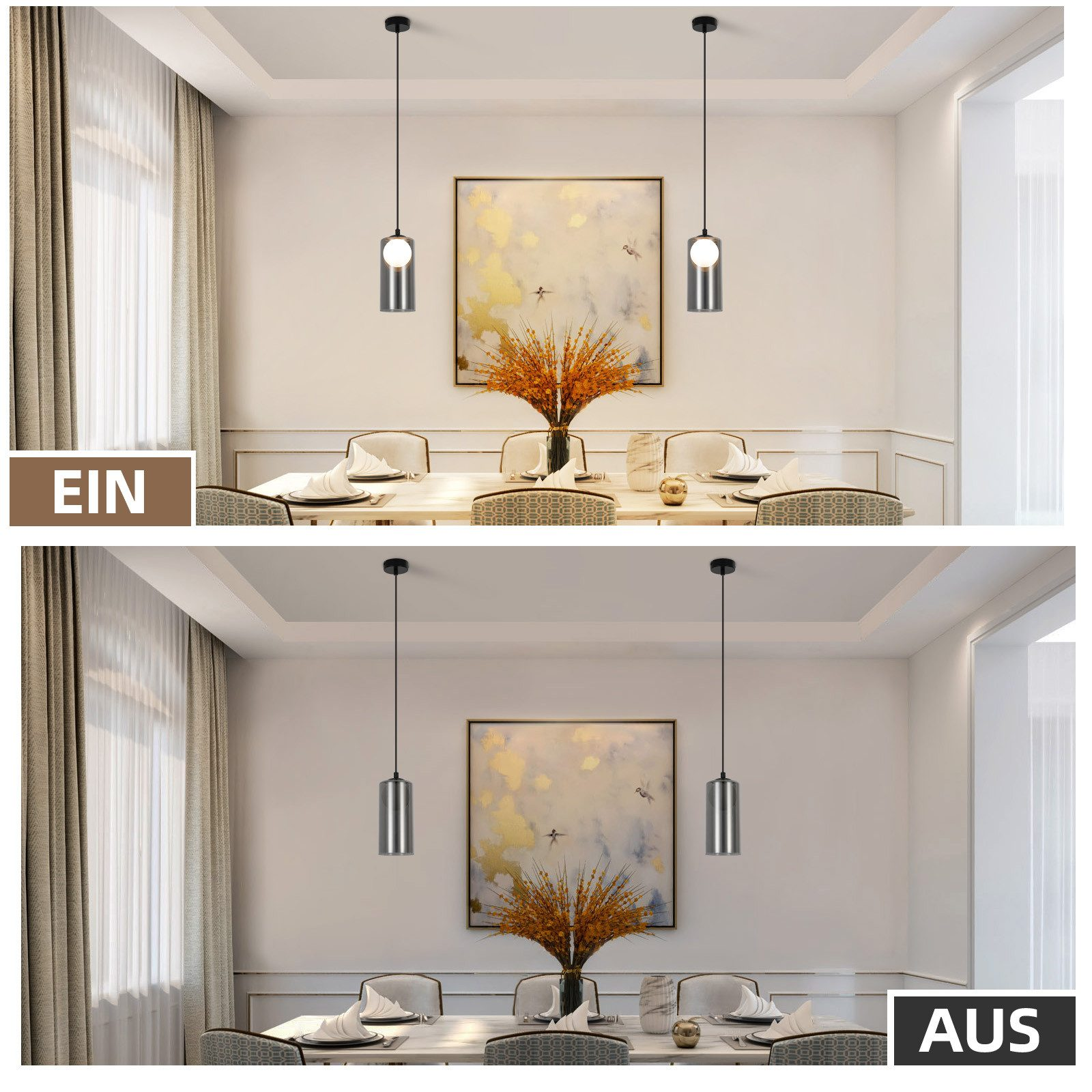 Sala da pranzo con due lampade a sospensione. Un'immagine mostra le luci accese, l'altra spente. Pareti bianche, tavolo e arte.