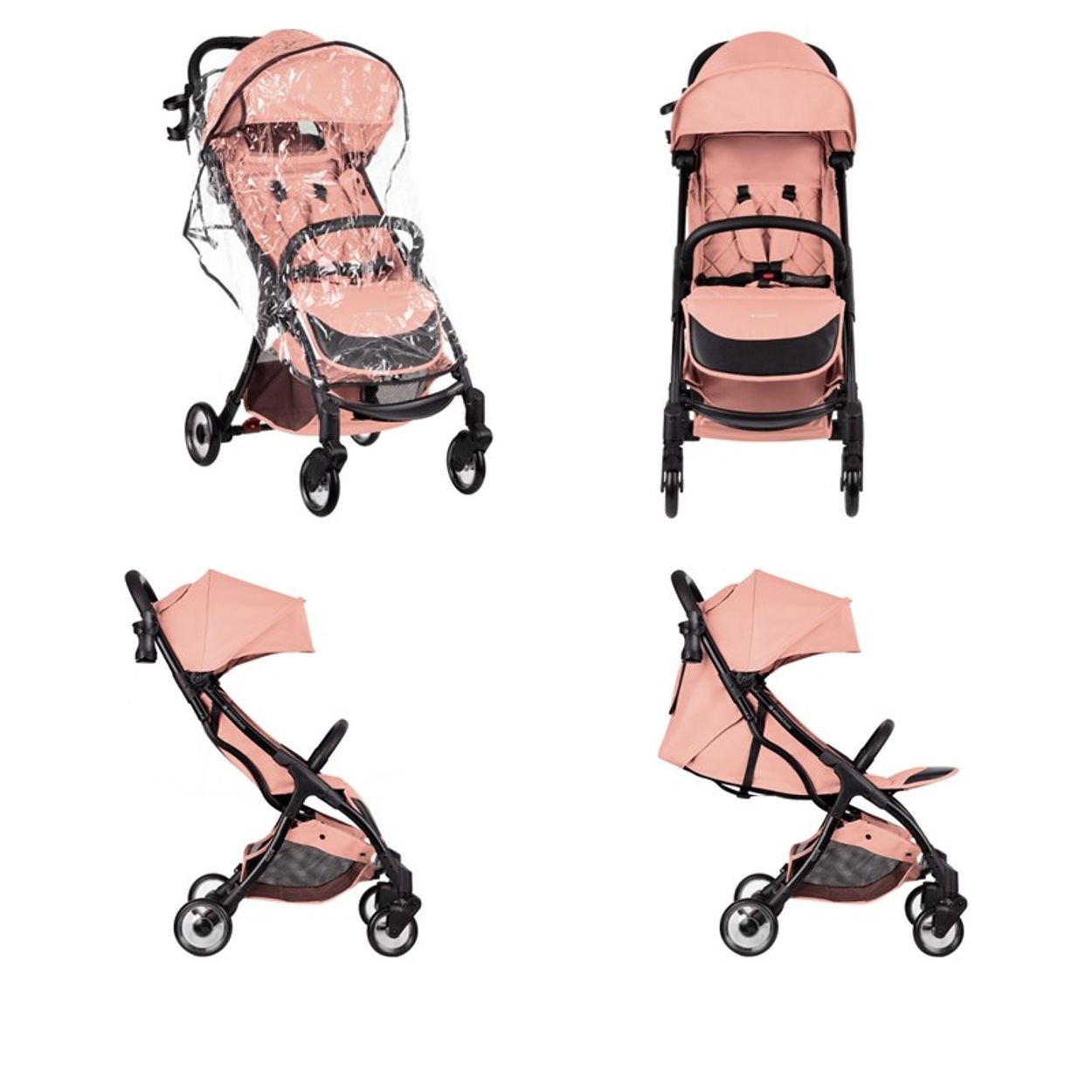 Vier Ansichten eines rosa Kinderwagens. Verschiedene Winkel zeigen den offenen Kinderwagen. Transparente Abdeckung.